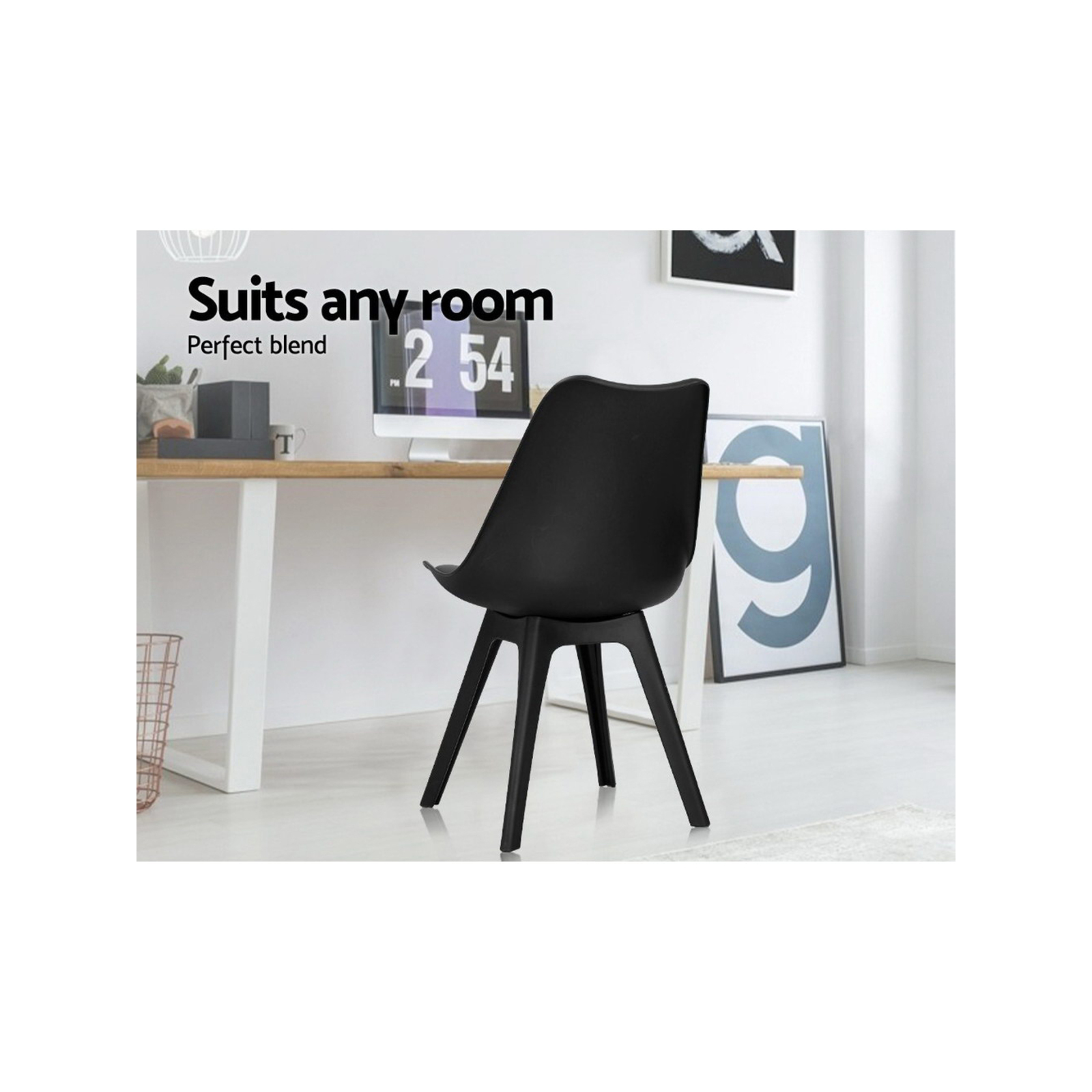 4x Dining Chairs Padded Retro Replica Eames Eiffel DSW Black Bunnings