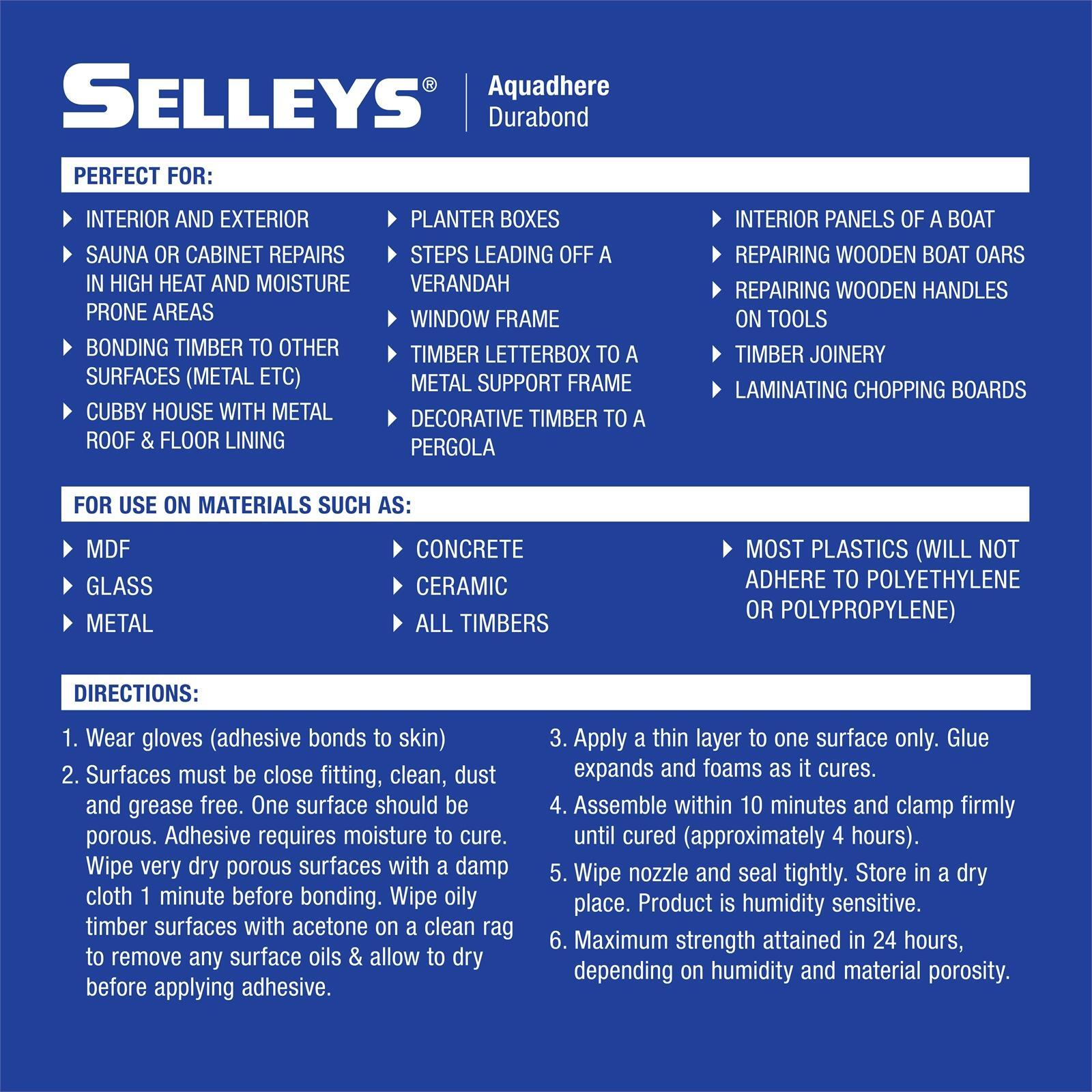 Selleys 460ml Aquadhere Polyurethane Wood Glue Durabond Adhesive