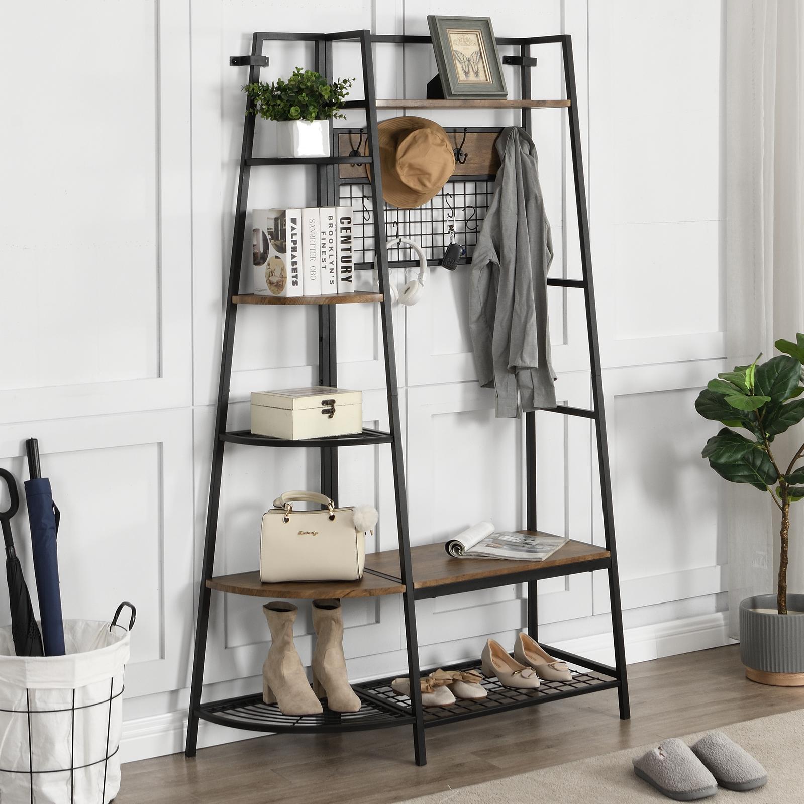 IHOMDEC 5in1 Hall Tree with Bookcase & Storage Bench & Hooks, Brown