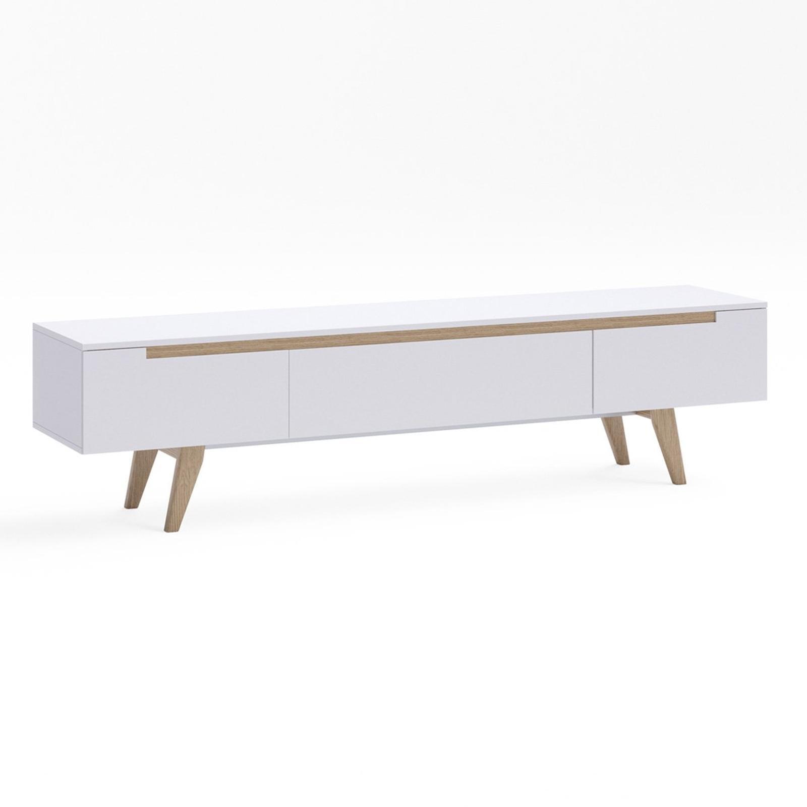 Scandinavian White TV Entertainment Unit with Solid Oak Wood