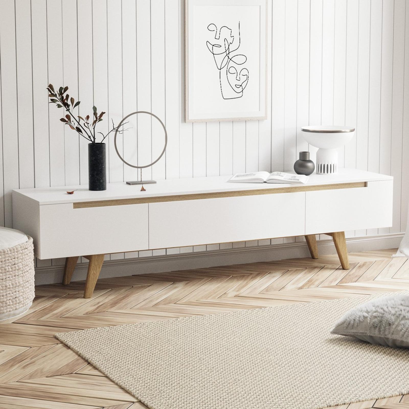 Scandinavian White TV Entertainment Unit with Solid Oak Wood