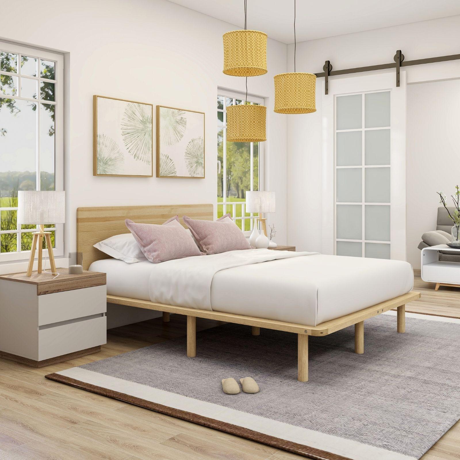 Natural Solid Wood Bed Frame Bed Base with Headboard Double Bunnings