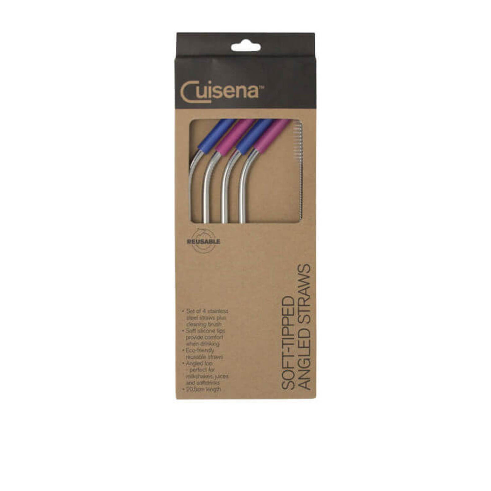 Cuisena Stainless Steel Straws Silicone Tips w/ Cleaning Brush Angled