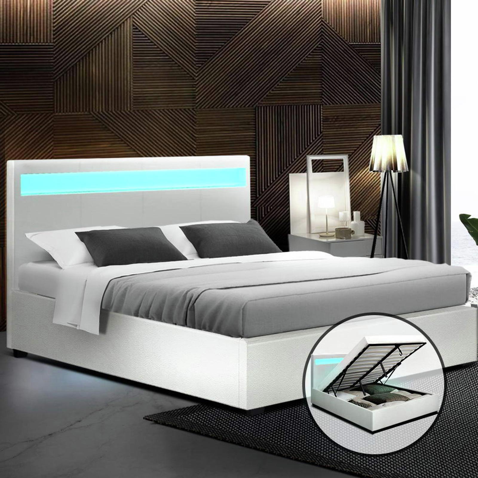 Artiss Bed Frame Queen Size Gas Lift RGB LED White Cole Bunnings