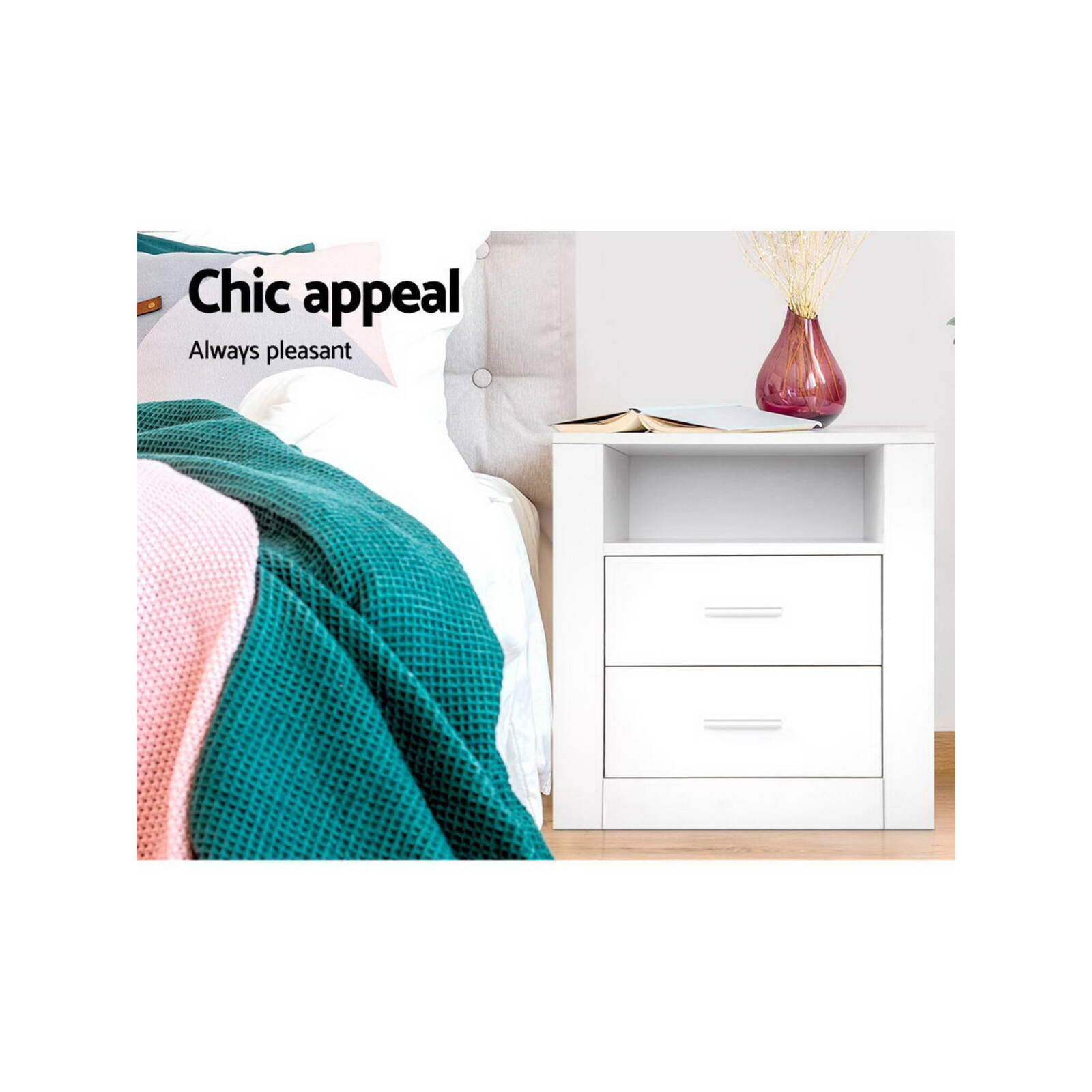 Artiss Bedside Table Side Table 2 Drawers Nightstand TARA White