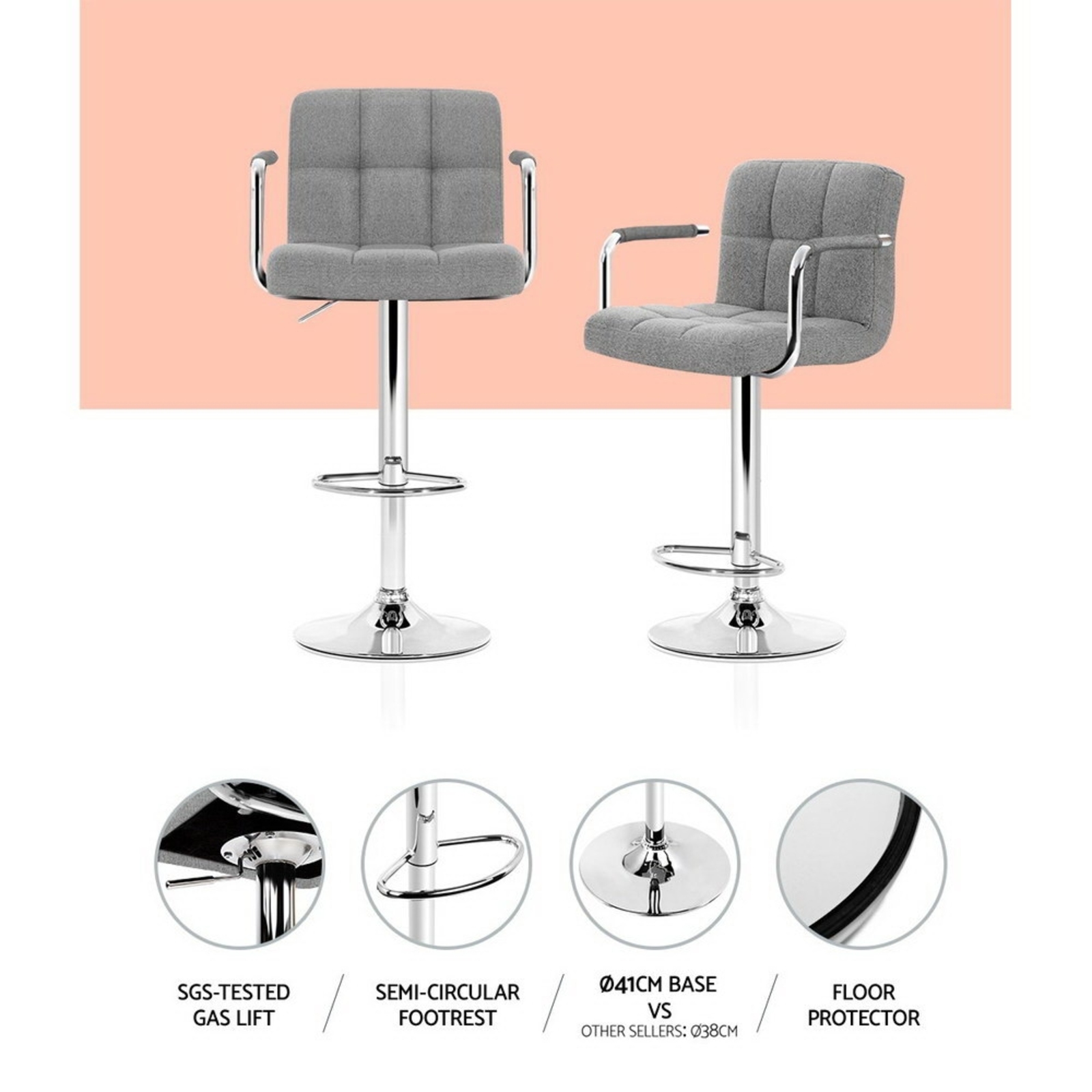 Artiss Bar Stools Kitchen Stool Swivel Barstool Fabric Grey NOA