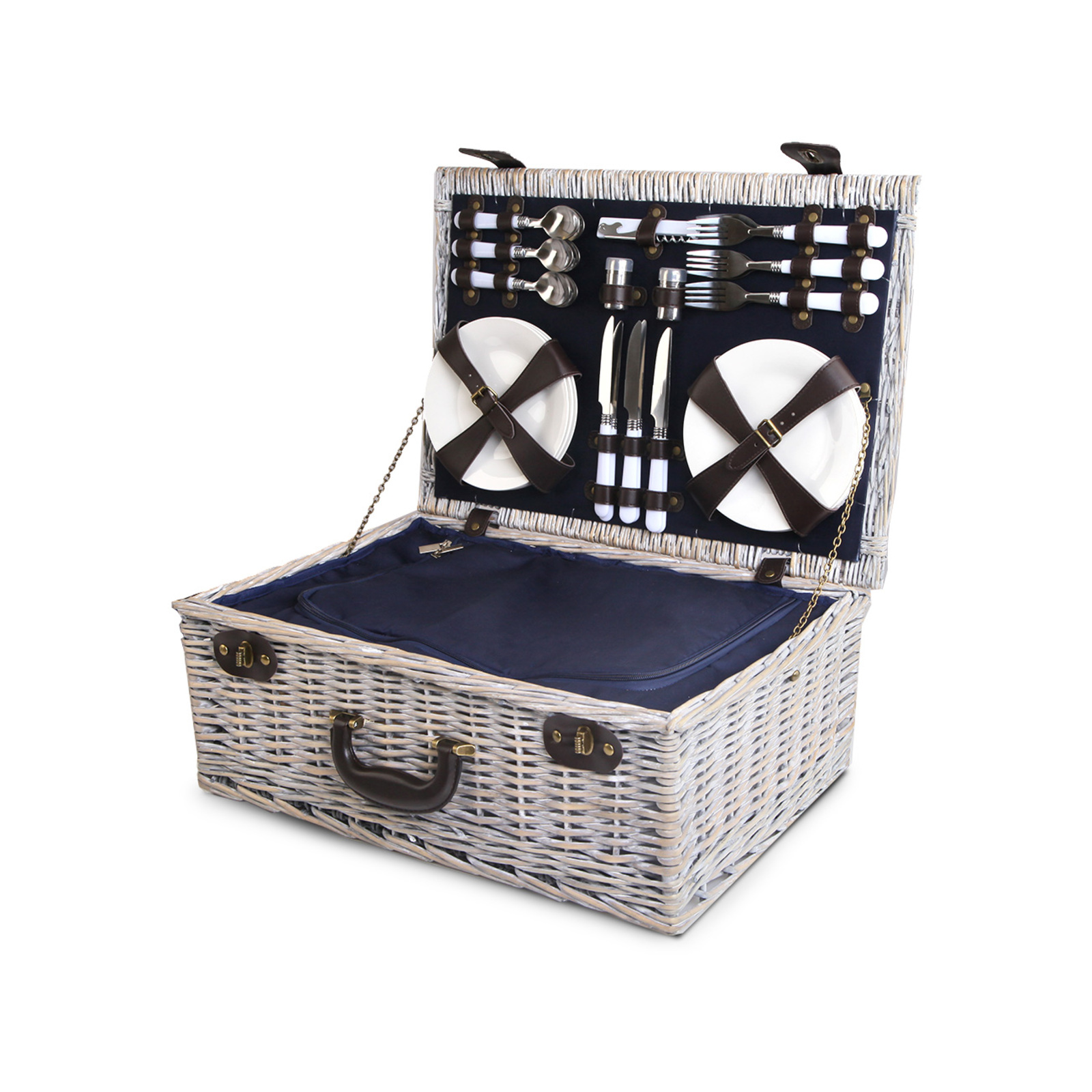 Alfresco 6 Person Picnic Basket Set Cooler Bag Wicker PU Fastening