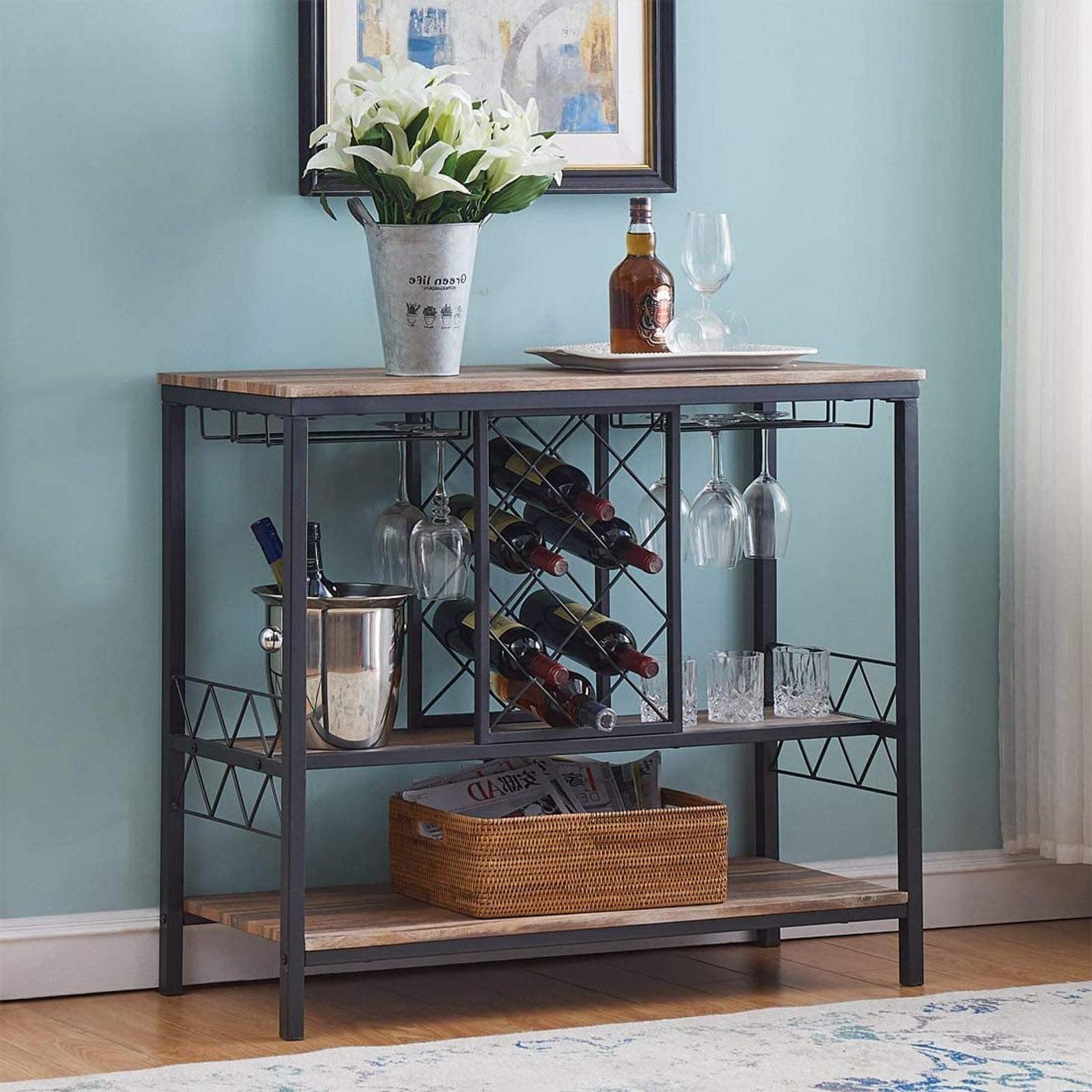 IHOMDEC Industrial Style Wine Rack Table with Glass Holder Brown