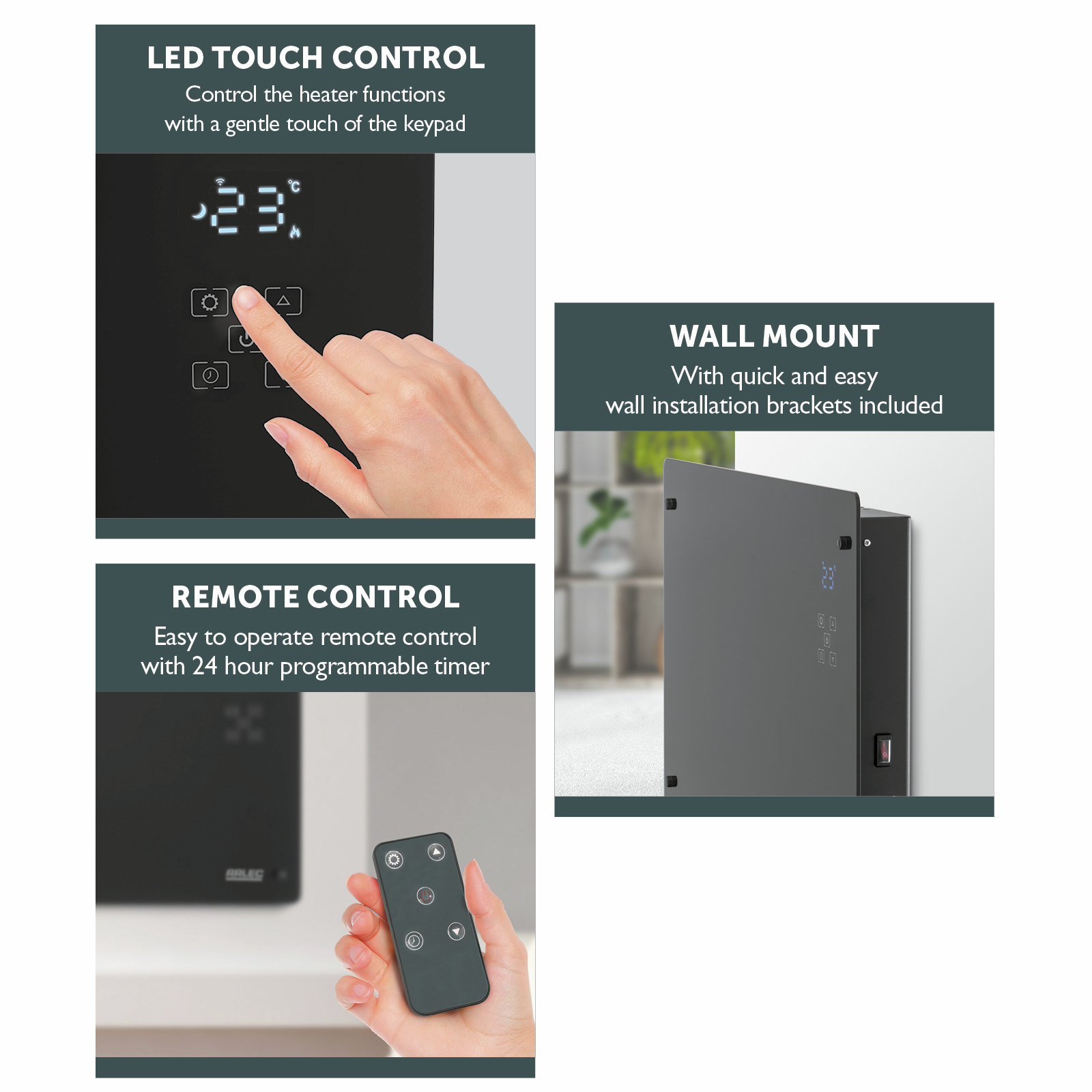 Arlec Grid Connect Smart 2200W Black Glass Panel Heater Bunnings