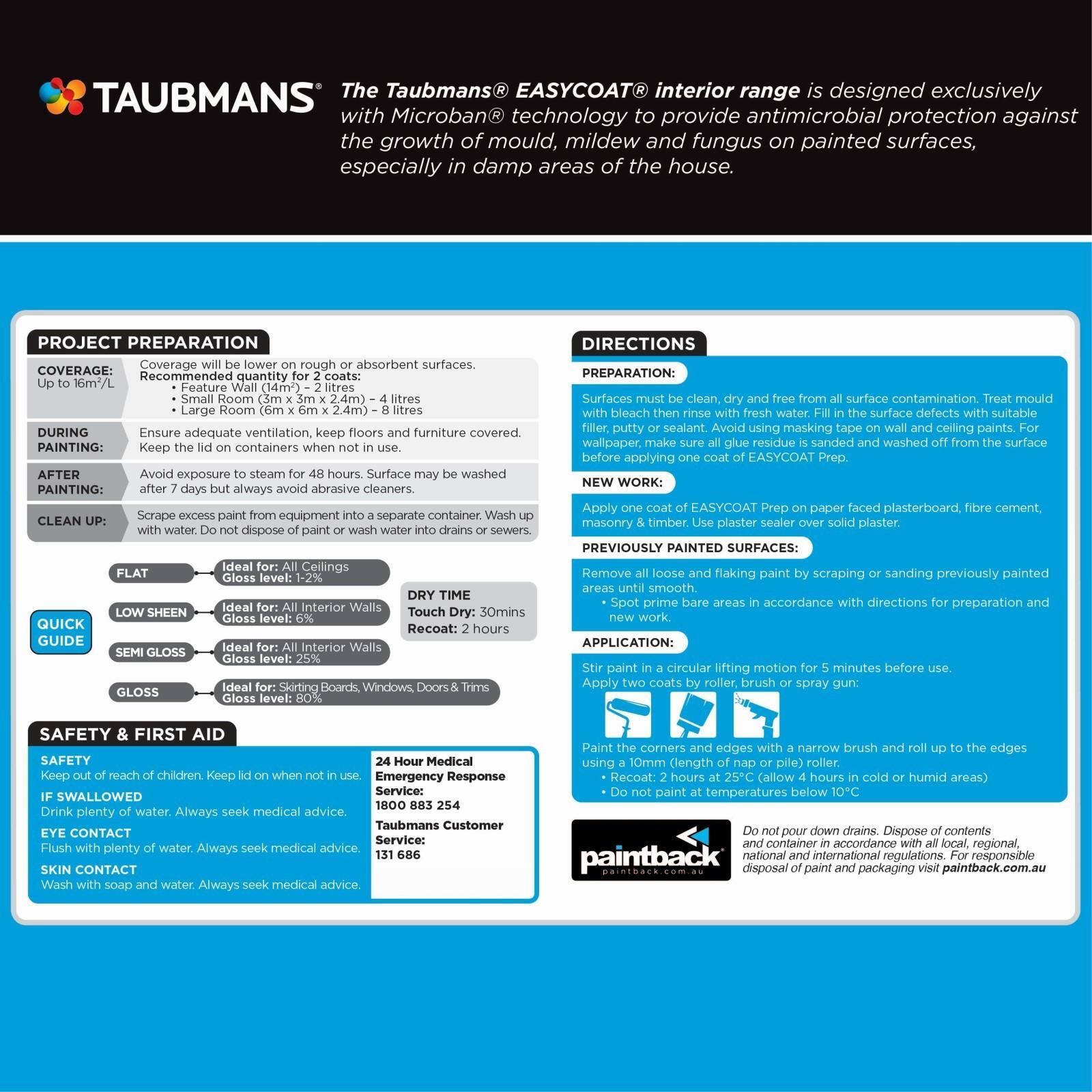 Taubmans 10L White Low Sheen Easycoat Kitchen And Bathroom Paint