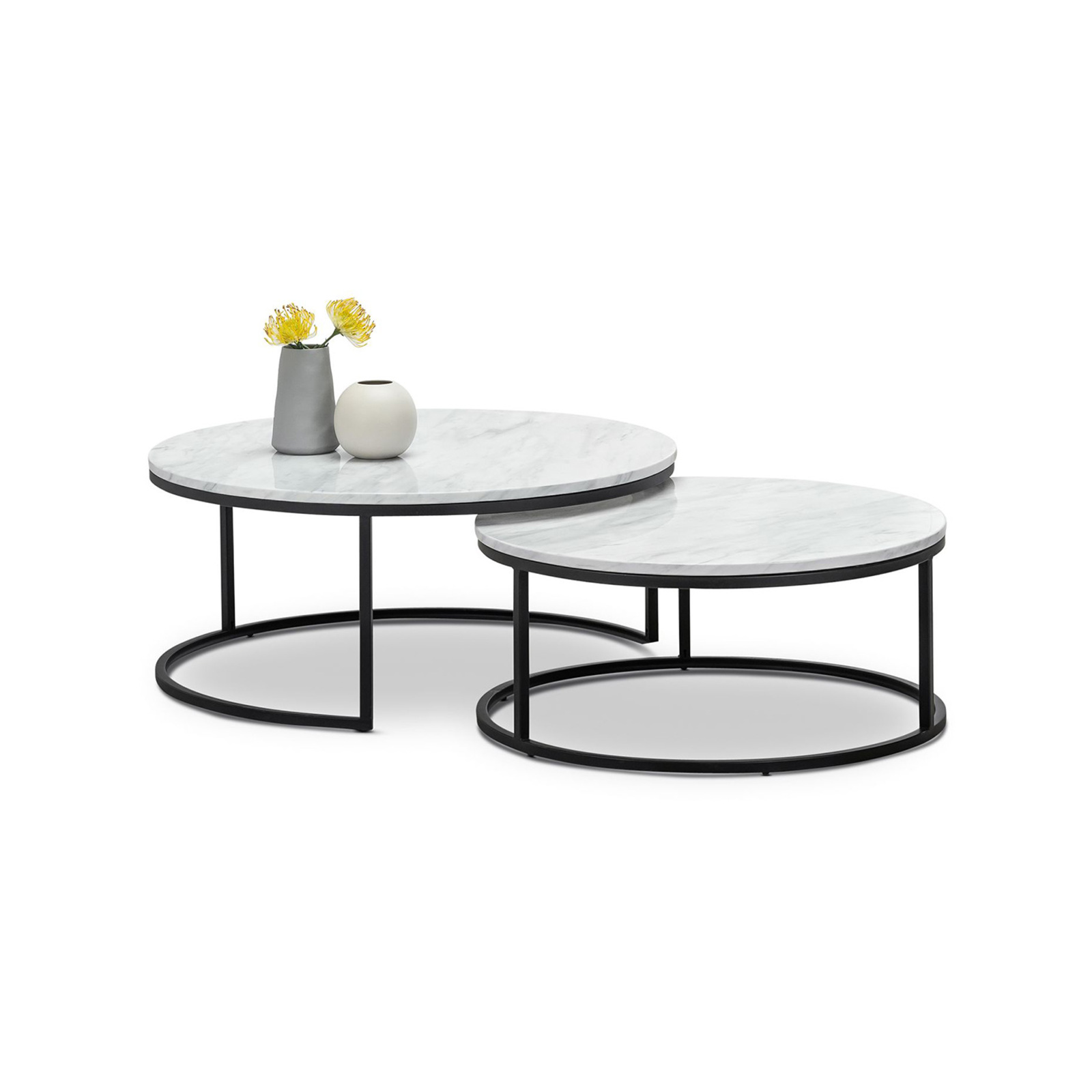Khloe White Marble & Black Round Nest of Coffee Tables