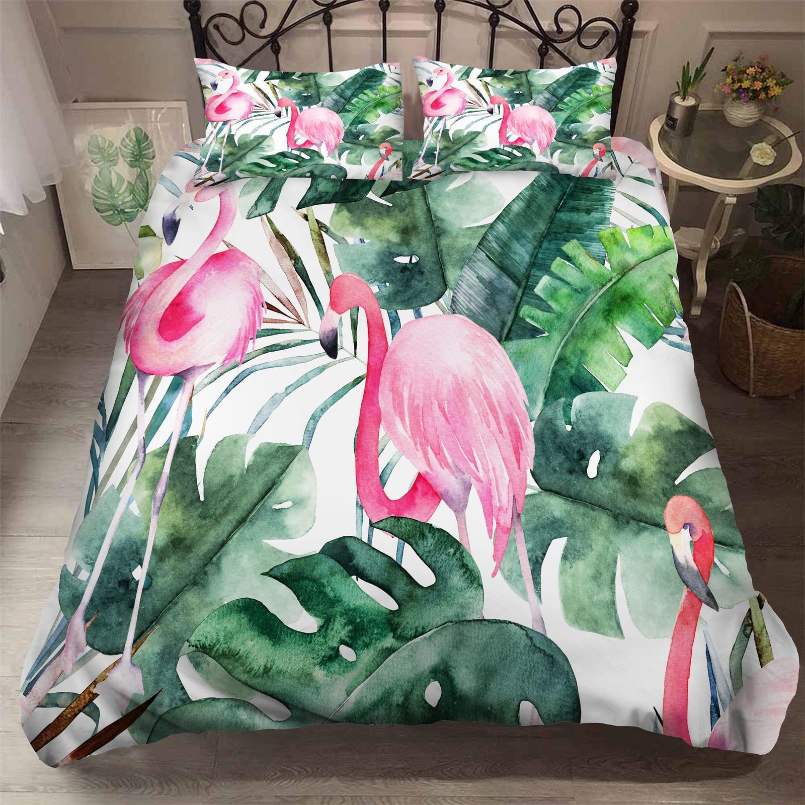 3D Green Palm Leaves Flamingo Quilt Cover Set Bedding Set Pillowcases
