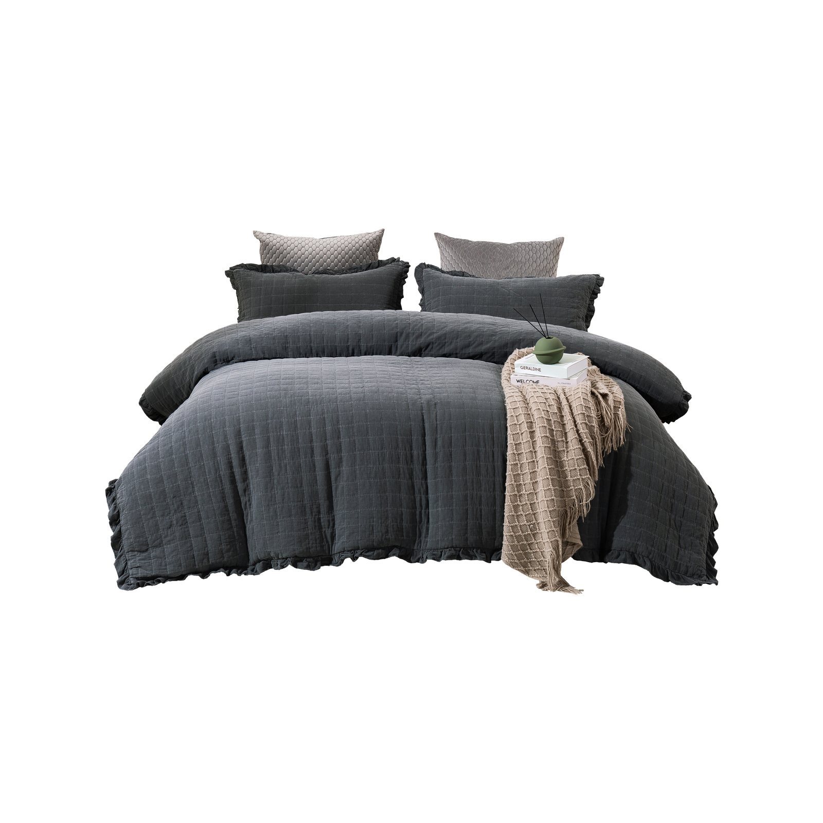 Dreamaker Premium Quilted Sand Wash Quilt Cover Set King Bed Charcoal