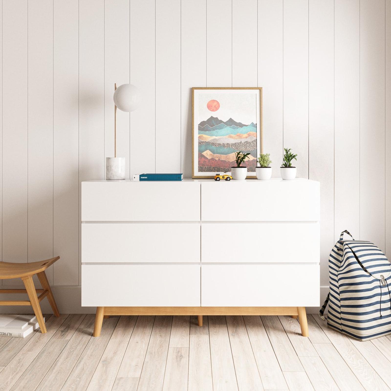 White Six Drawer Wooden Dresser Lowboy (120cm Scandinavian) Bunnings