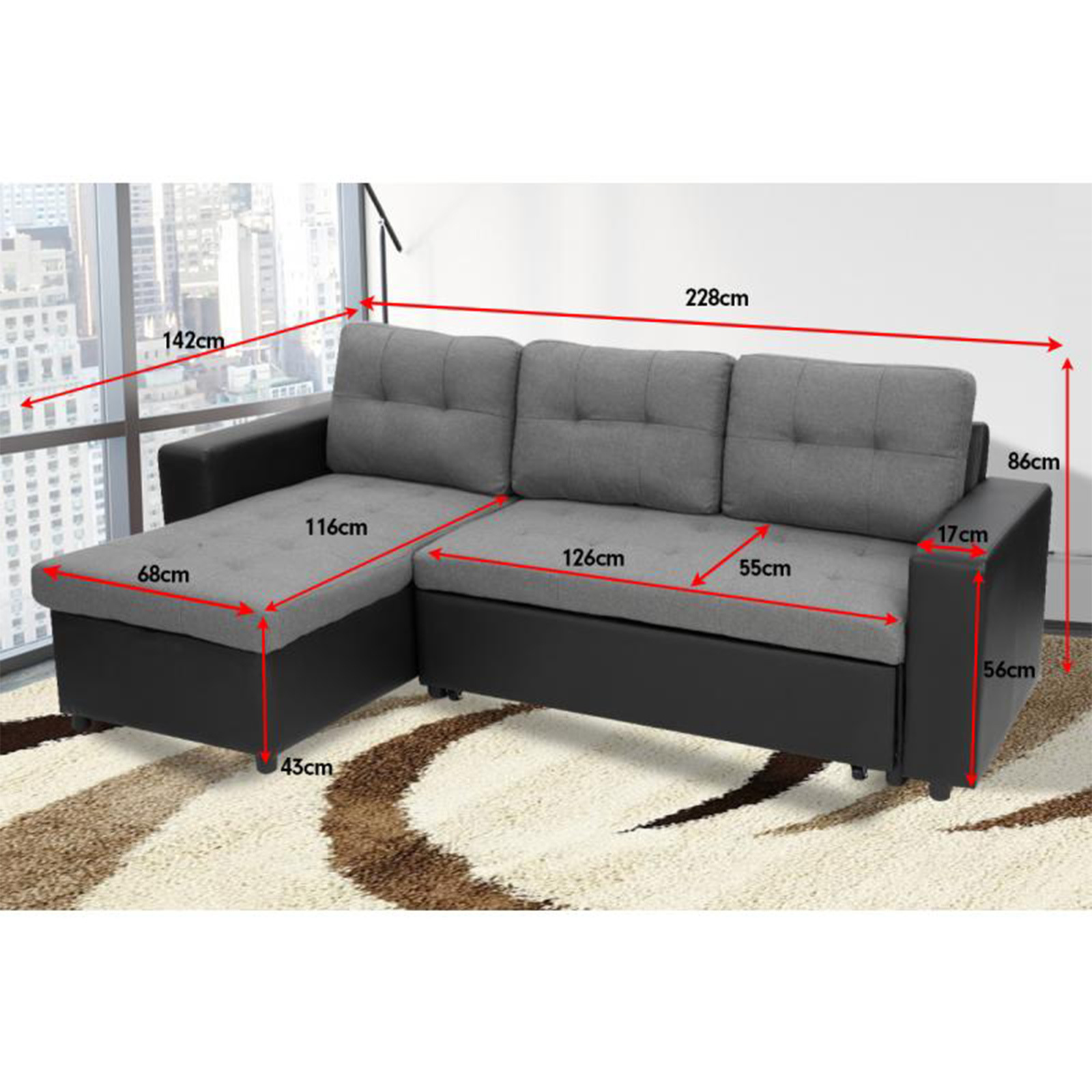 Laura Hill 3 Seater Black/Grey Corner Sofa Bed With Storage Bunnings