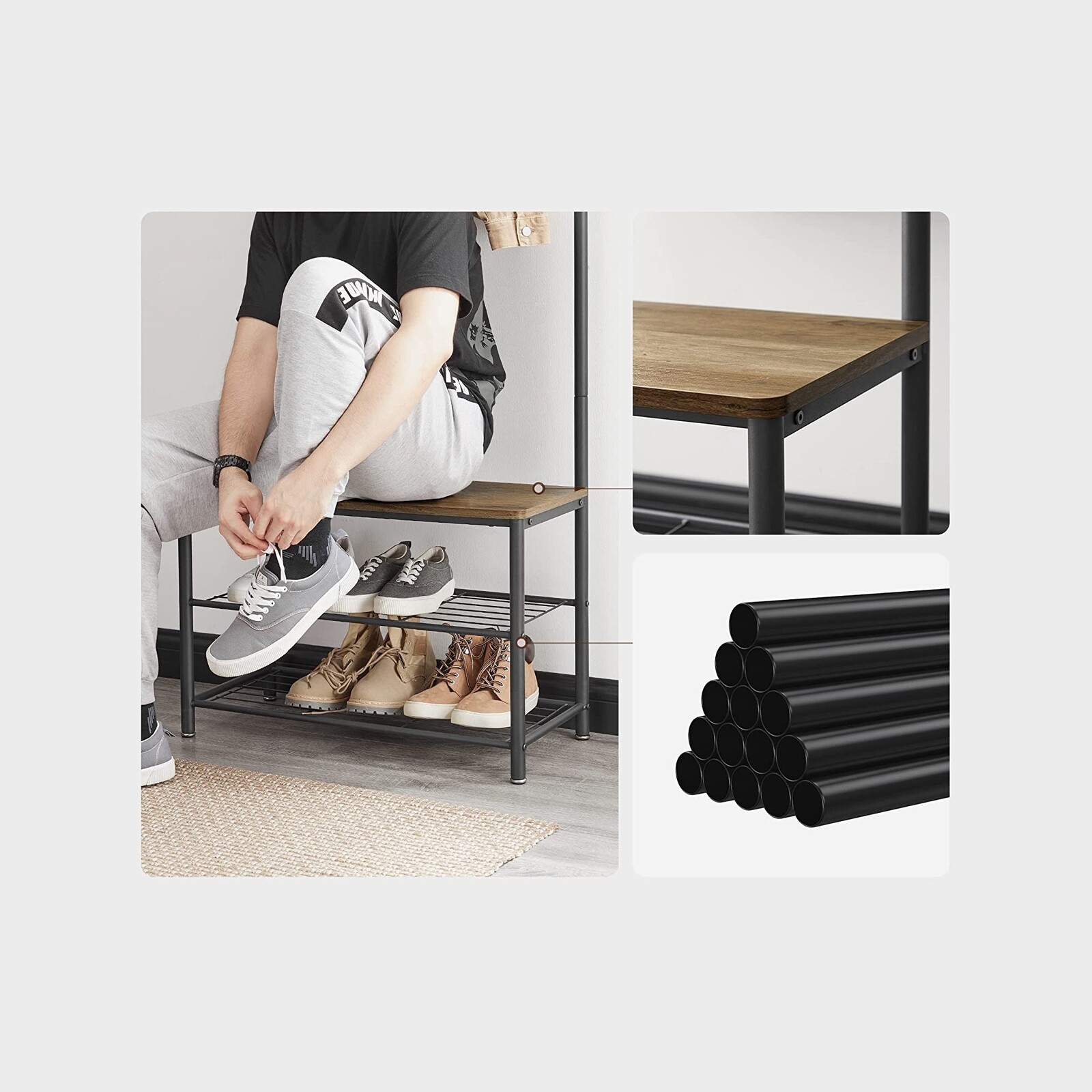 VASAGLE Coat Stand with Shoe Racks Walnut Brown/Black HSR041B41