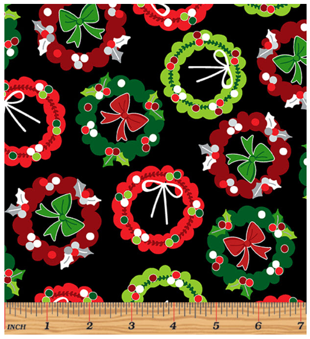 CAMP JOY Holiday Wreaths in Black Holiday Cotton Quilt Fabric from