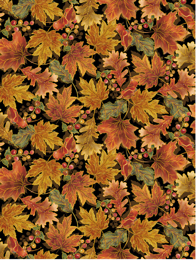 HARVEST ELEGANCE Leaves in Black Autumn Leaf Cotton Quilt Fabric
