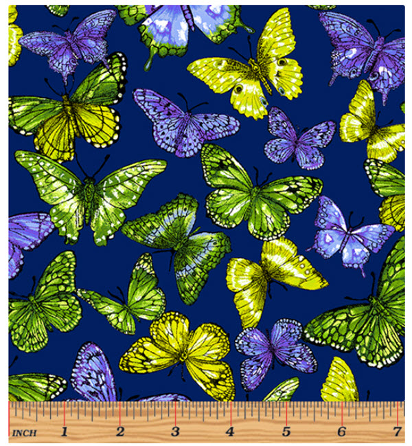 RAINFOREST Rainbow Butterfly in Blue / Multi Tropical Cotton Quilt