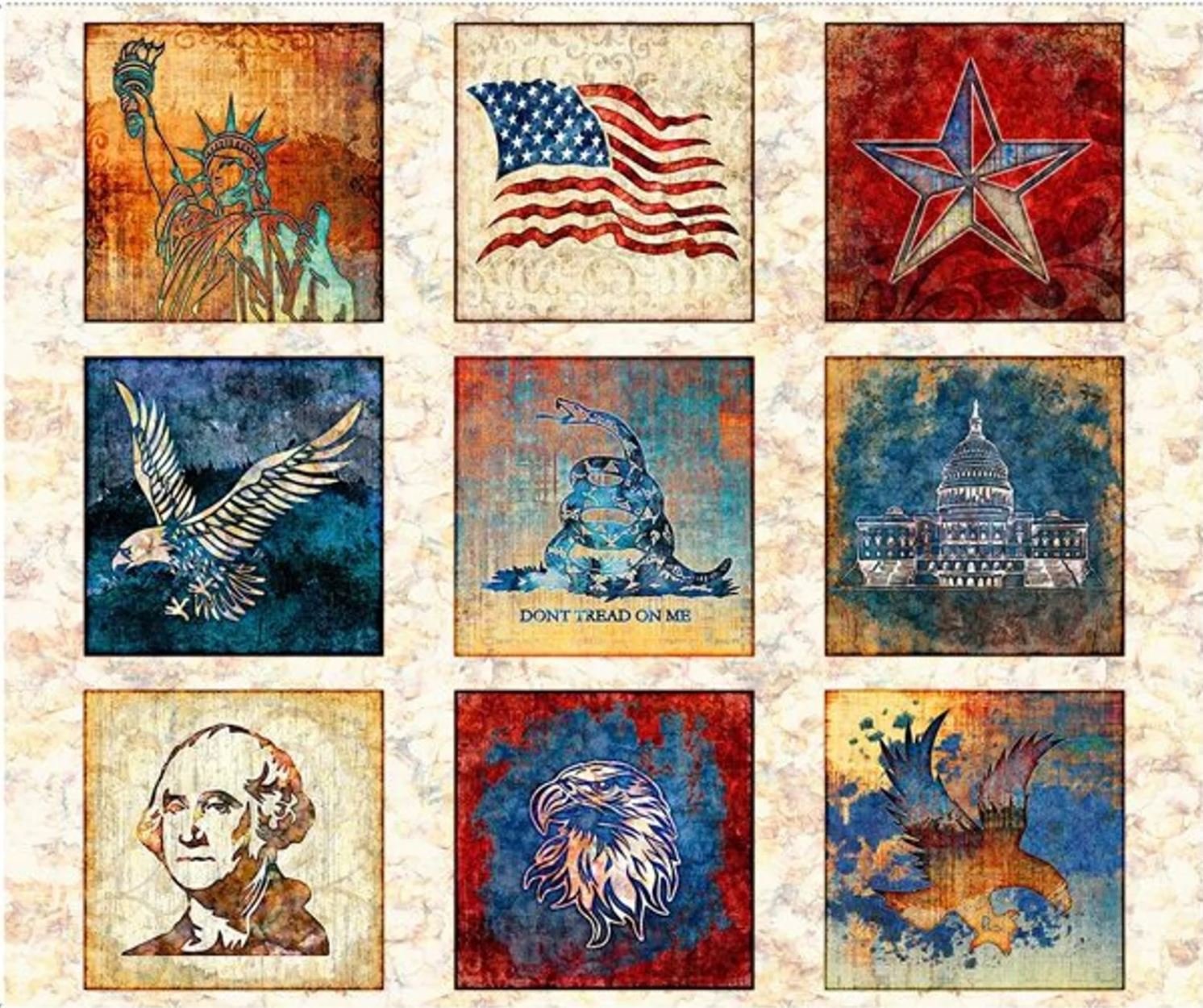 GONE Liberty, Glory, Freedom Patriotic Blocks on Cream Quilt Panel