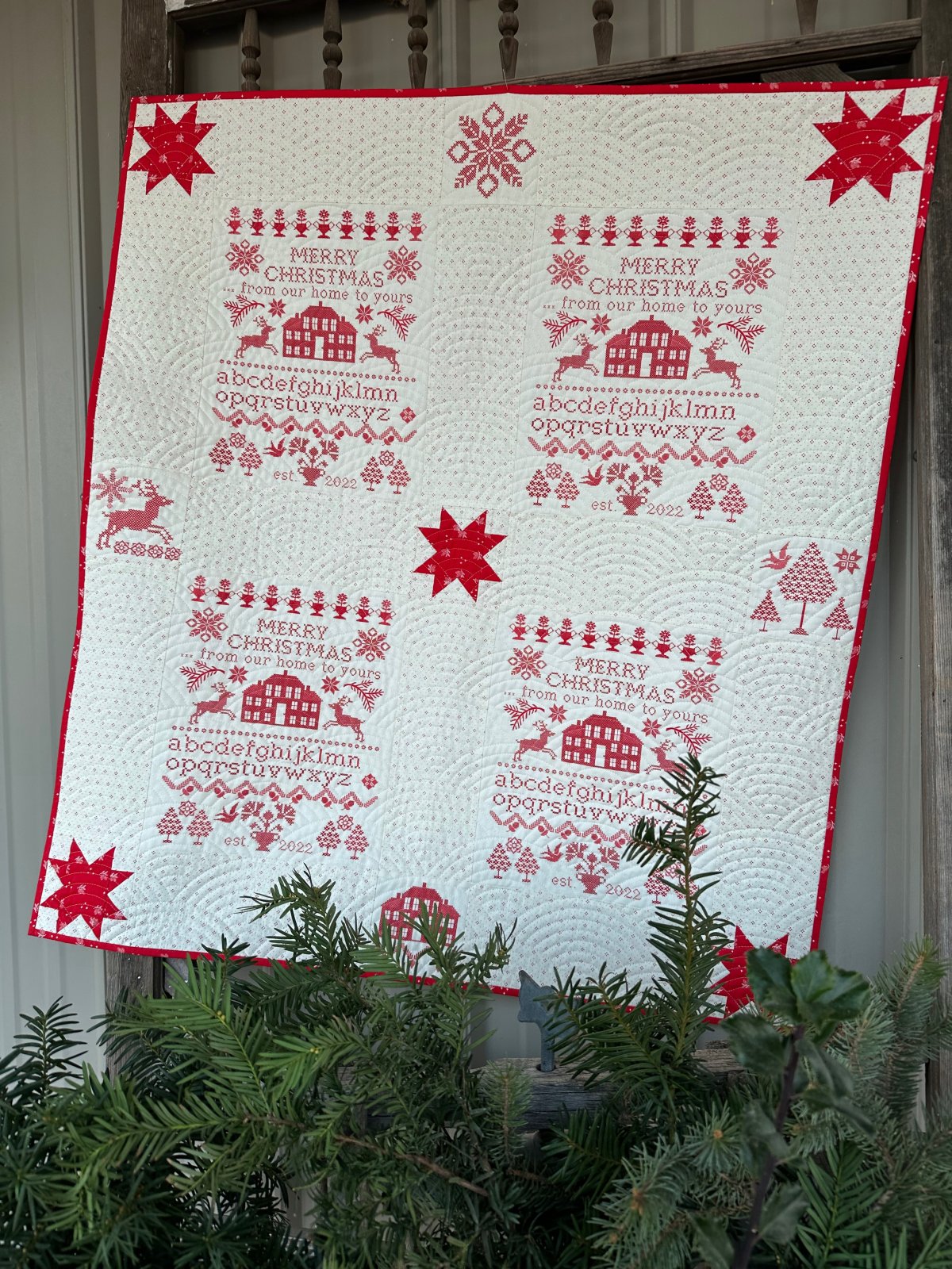 Christmas Stitched Quilt Kit Red & White Fabric