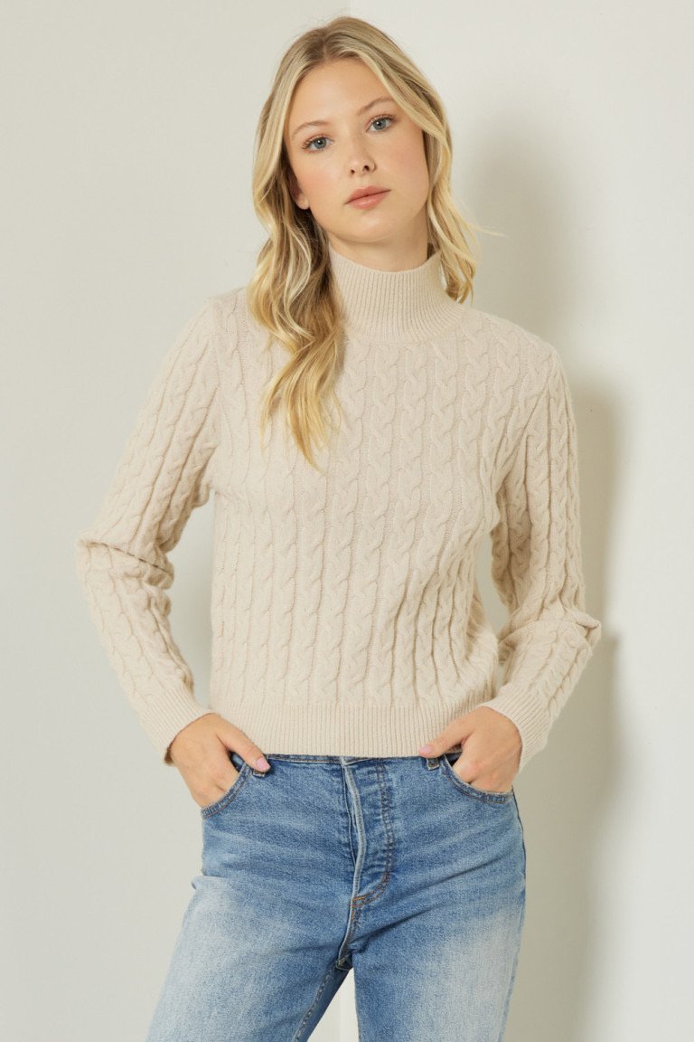 Natural Cable Knit Mock Neck Sweater