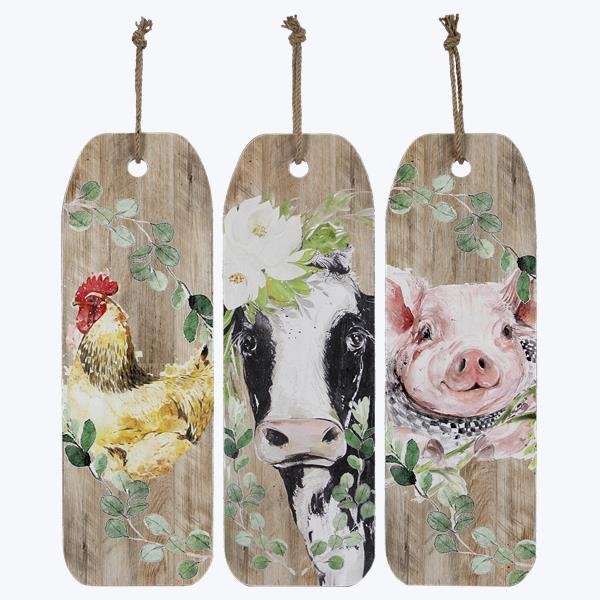 WOOD FARM ANIMAL WALL ART ON ROPE HANGER, 3 ASSORTED 096587216804
