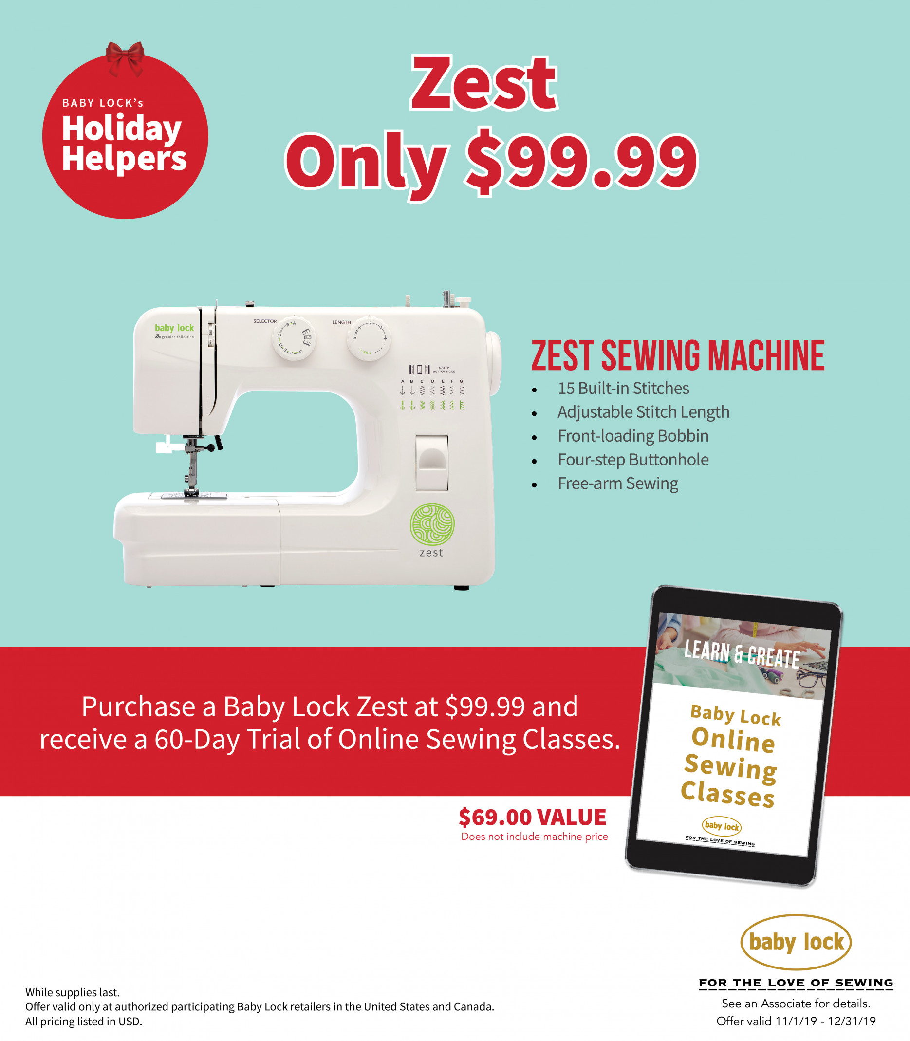 Baby Lock Zest Sewing Machine 15B 4 Step BH Front Load Bobbin 098612036593