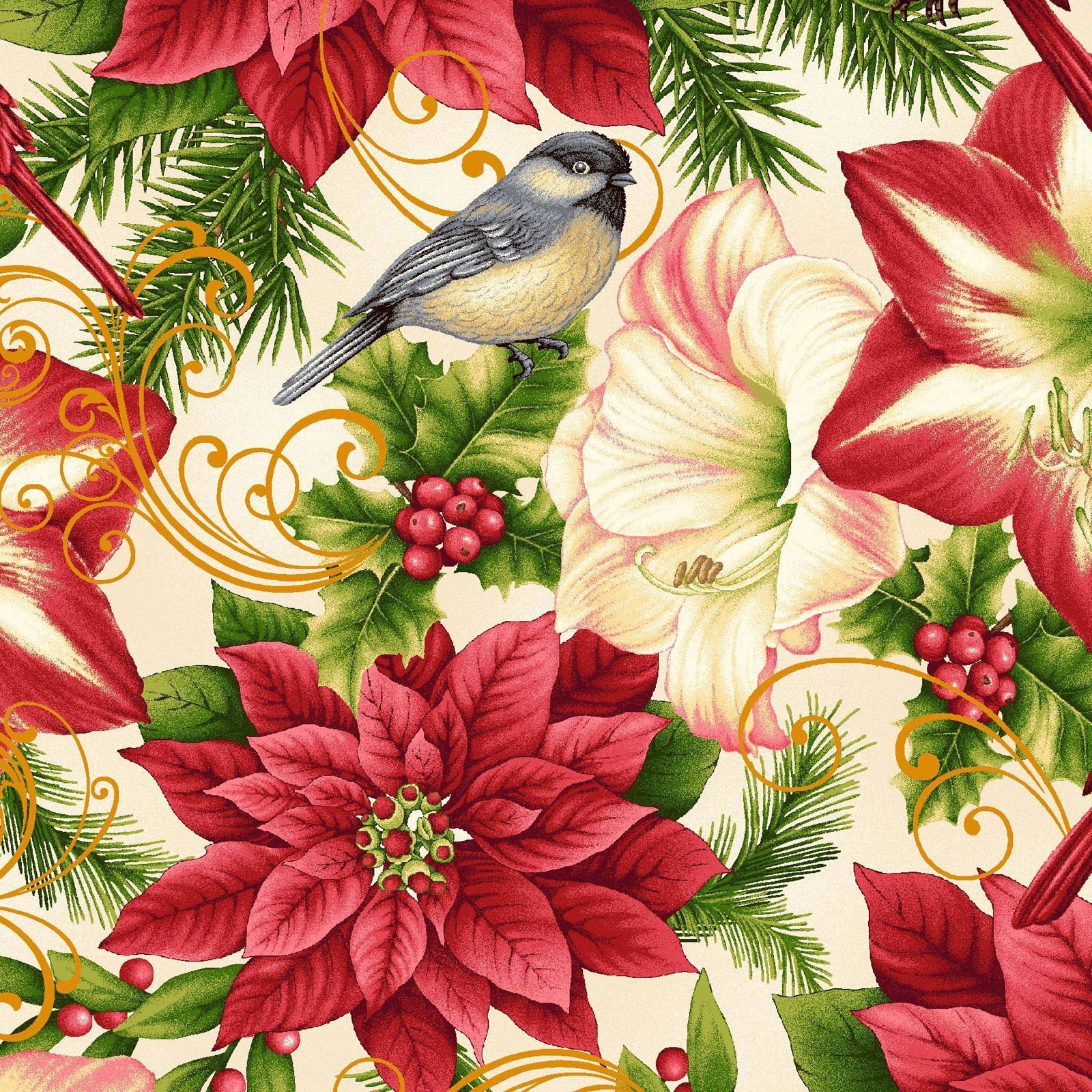 Holiday Flair Poinsettias Cream Fabric 378144