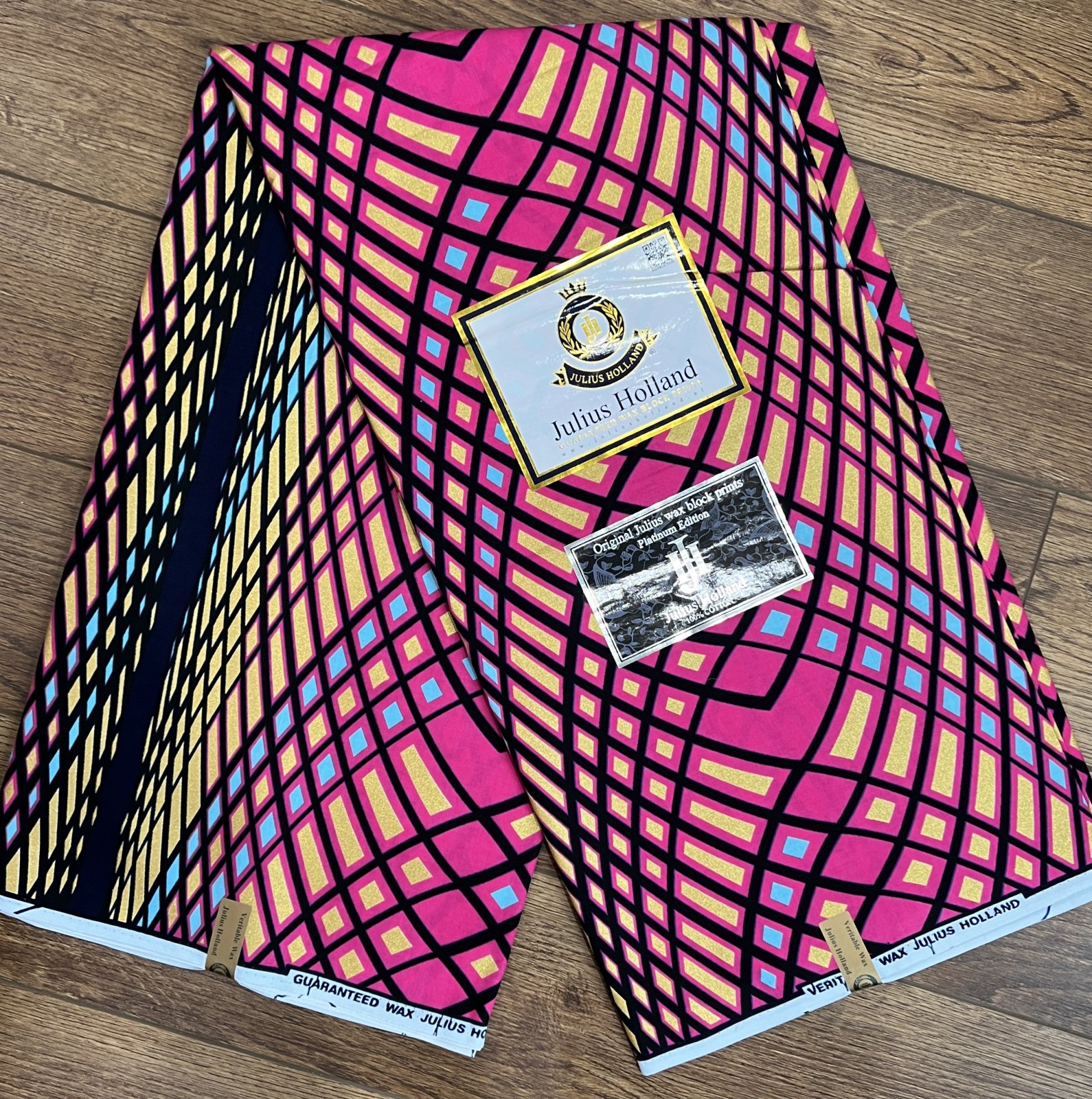 Metallic Gold, Hot Pink Mesh Pattern Dutch Wax Fabric 1333