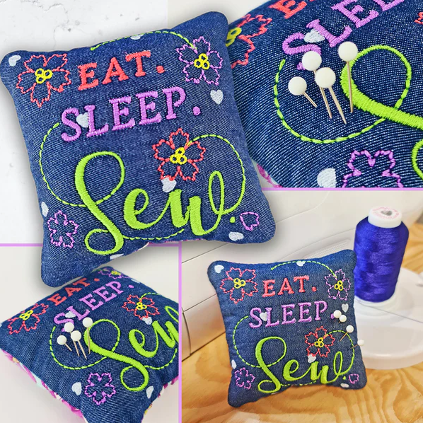 Machine Embroidery Club Easy "Eat Sleep Sew" Pin Cushion.