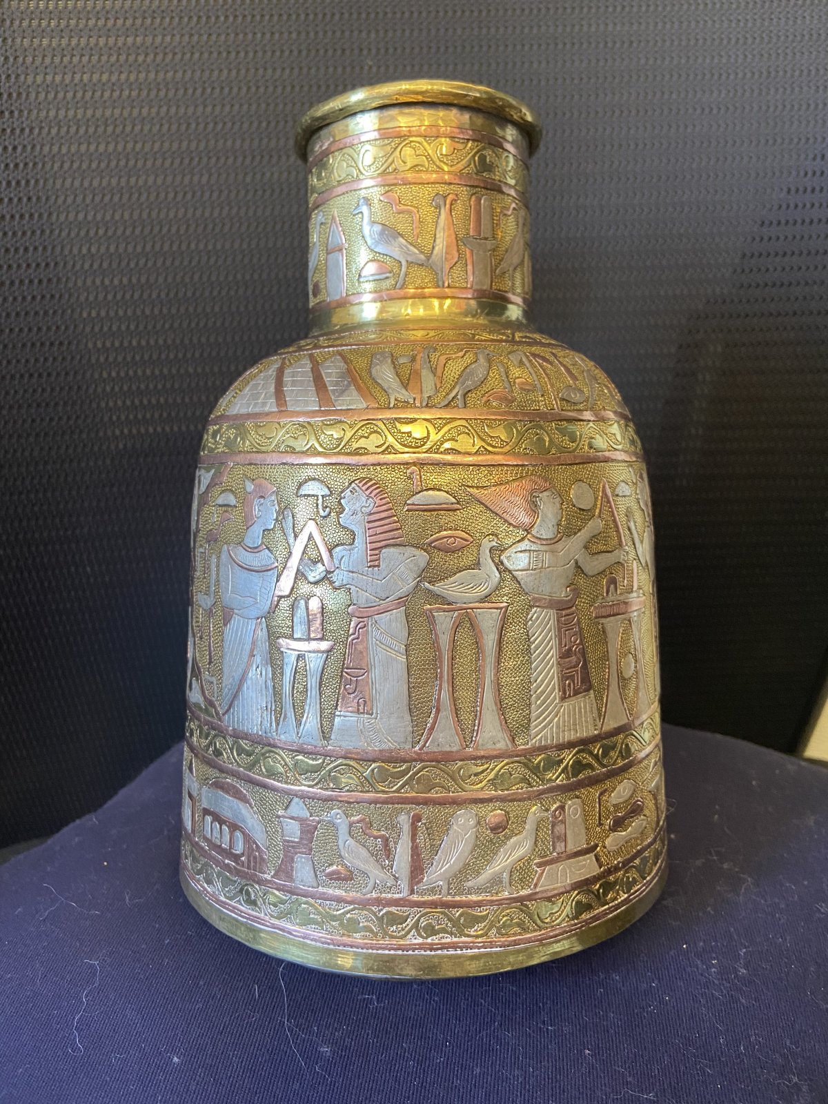 Egyptian revival mixed metal ewer/pitcher brass base metal with a