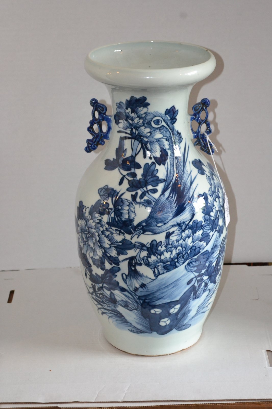 19th Century Chinese Blue and White Porcelain Vase W/ two peacocks H