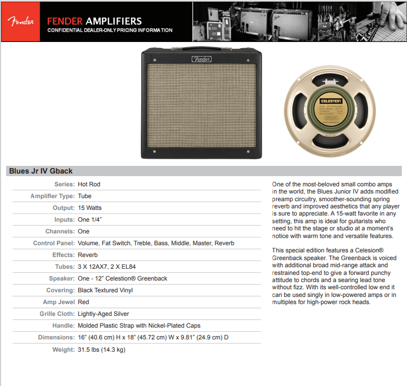 Fender Blues Jr IV Greenback FSR Limited Edition Tube Amp 717669615512