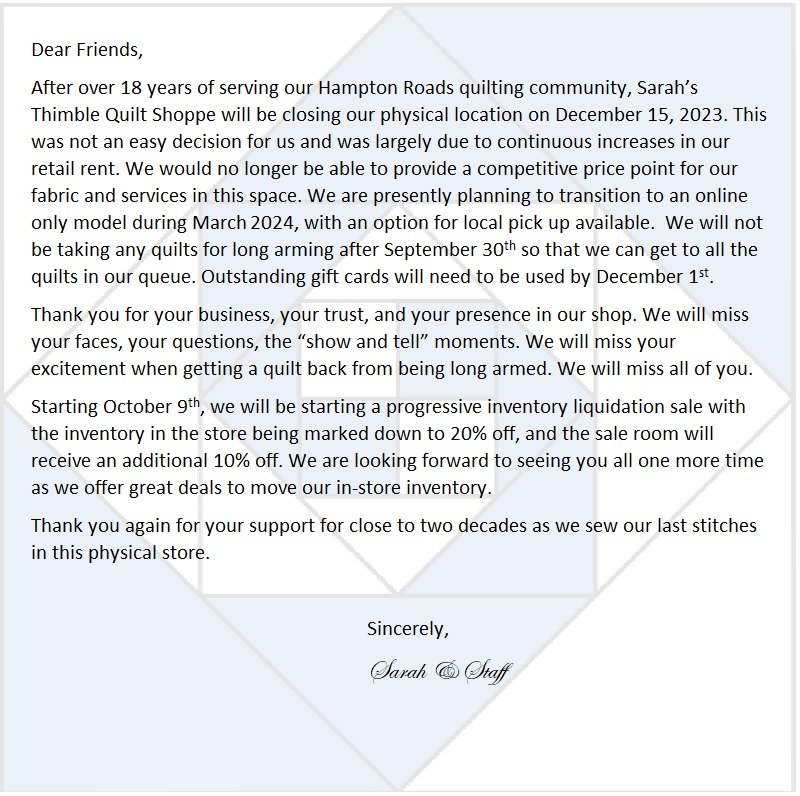 Sarah's Thimble Quilt Shoppe Quilting fabric, classes, wool, notions