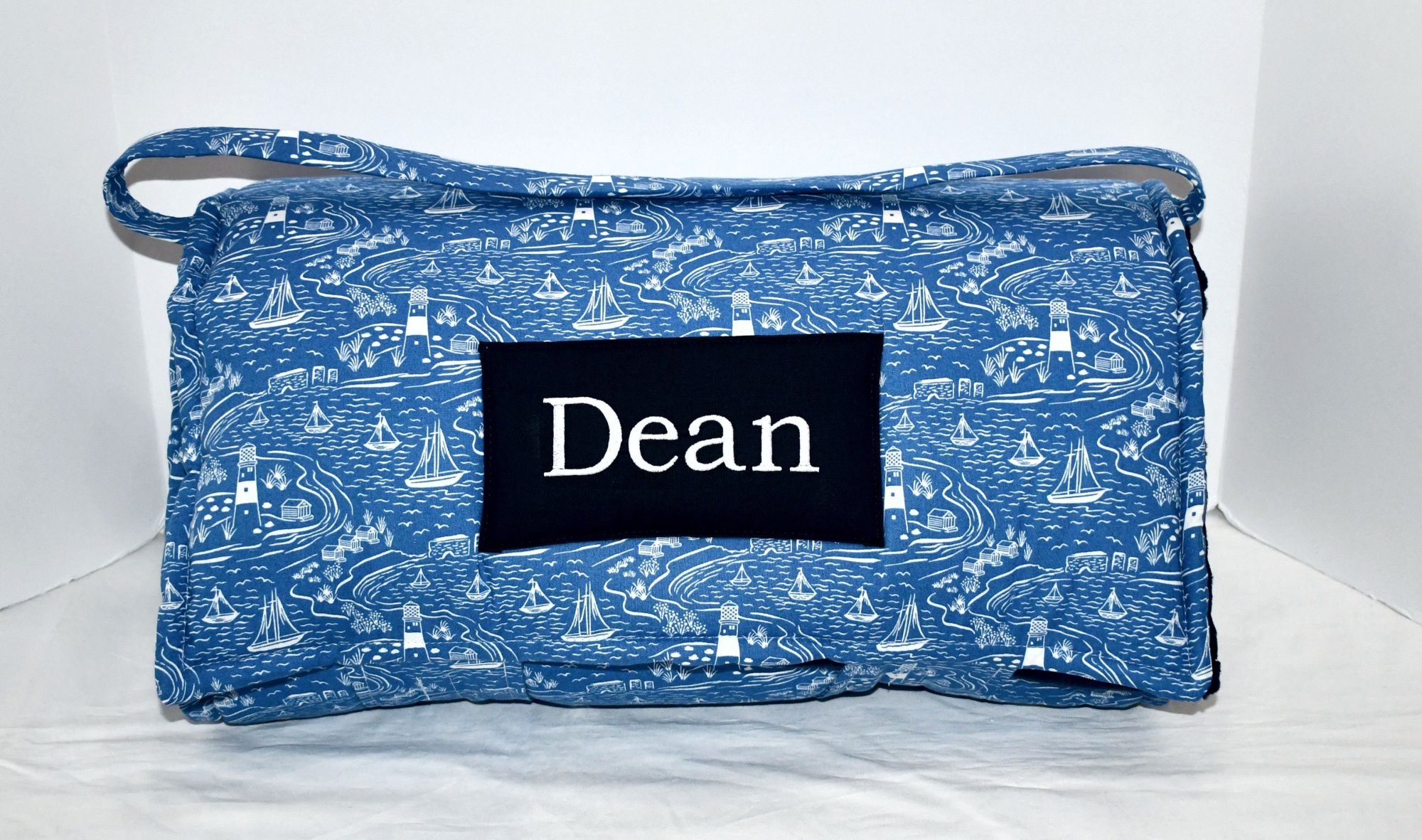 Old Harry Rocks Sail Boat Kids Nap Mat with Navy Minky Dot Blanket