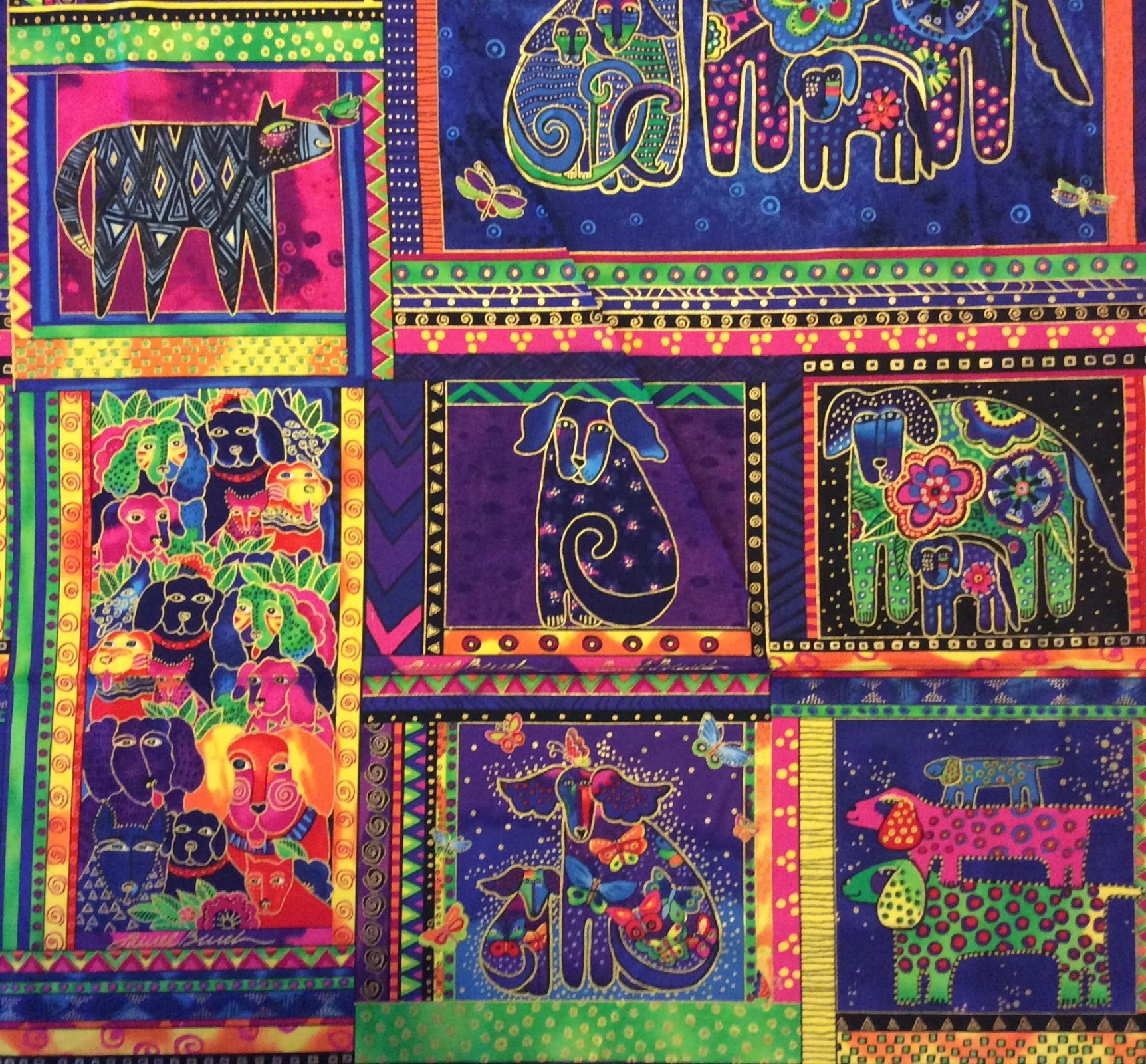 Laurel Burch Dog Puppies Colorful Psychedelic Painting Watercolor PANEL