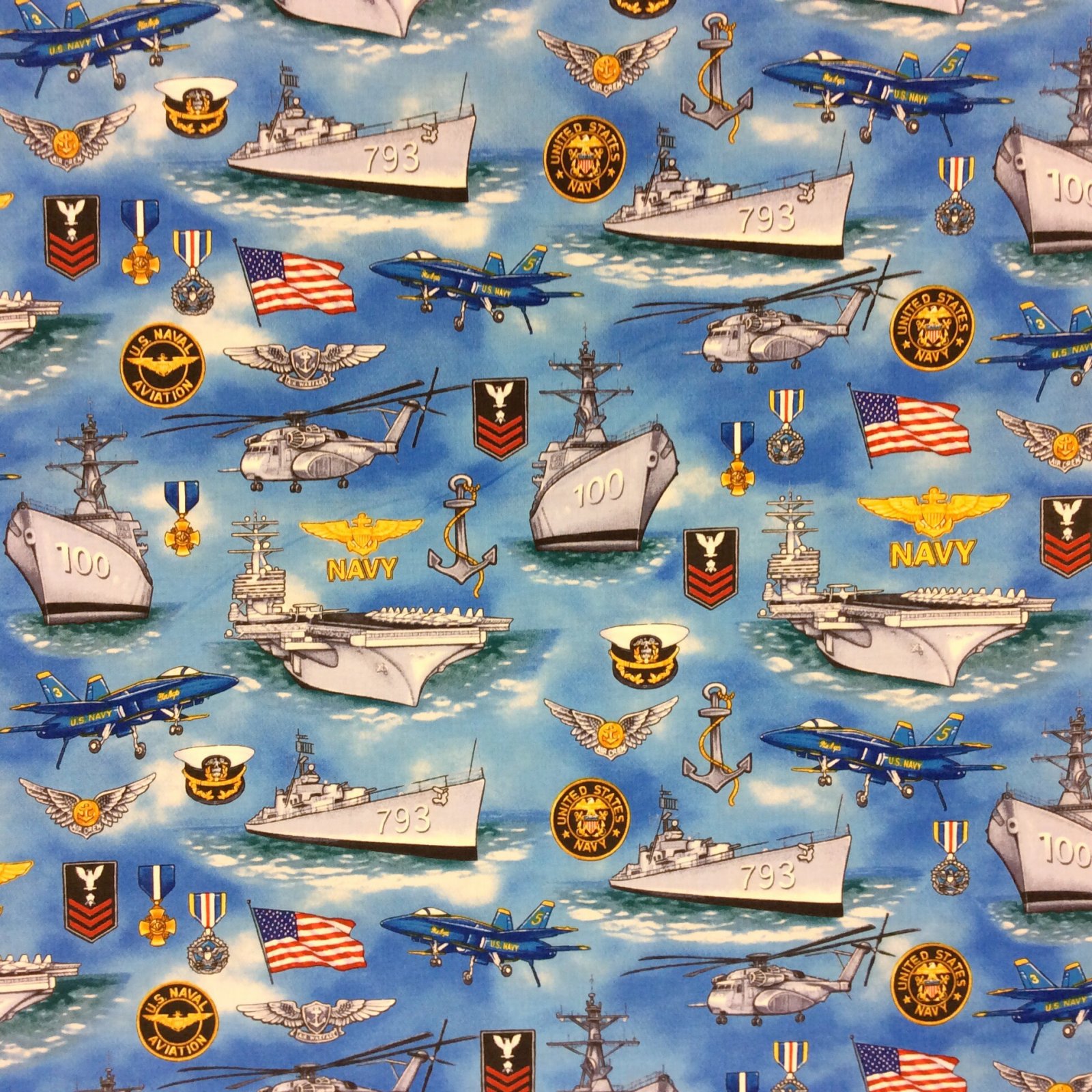 Battle Ships United States Navy Fighter Jet Anchor Cotton Quilt Fabric