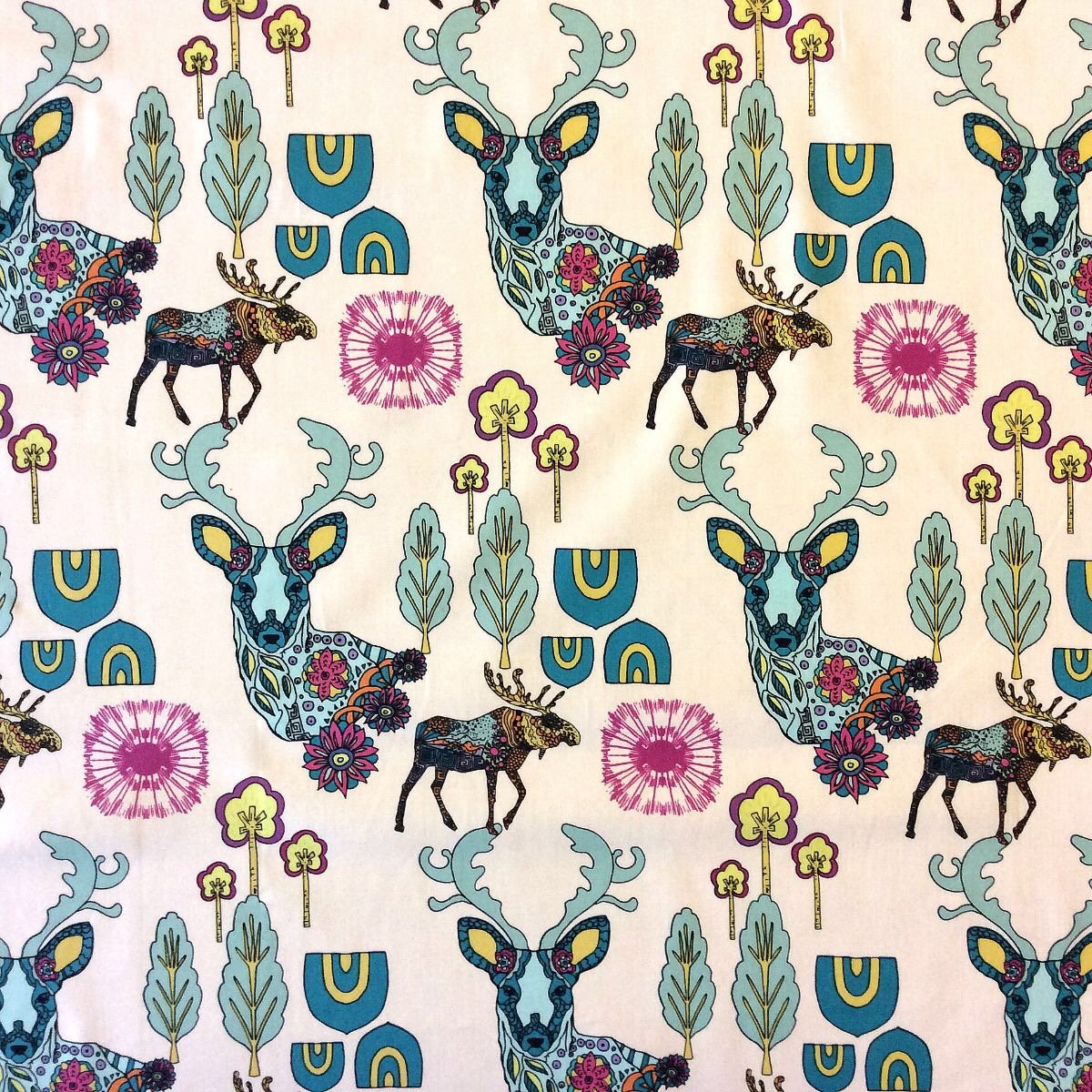 Deer Scandinavian Modern Pop Paisley Woods Cotton Quilt Fabric AR15