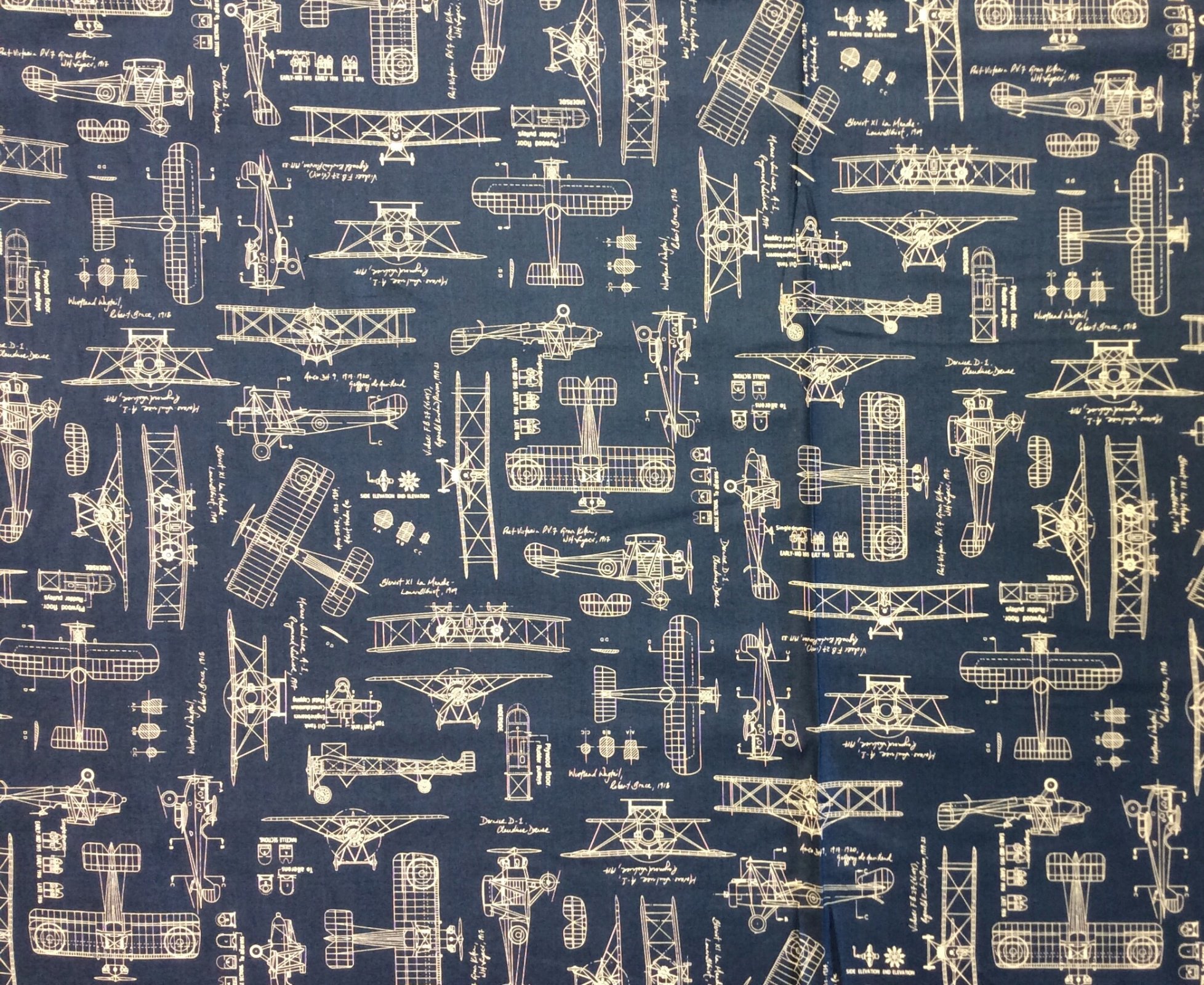 Blueprint Airplanes Drafting Schematic Drawing Cotton Quilt Fabric RK174