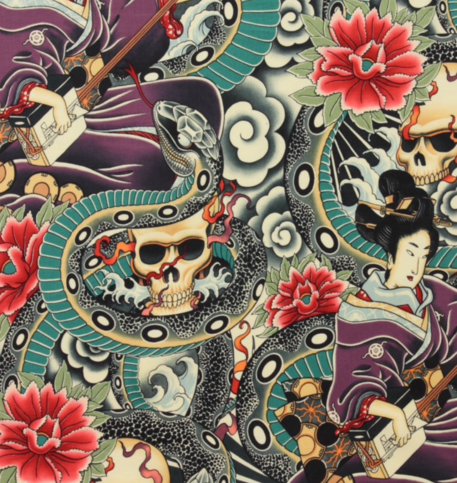 FAT QUARTER! Rare, Out of Print Zen Charmer Asian Tattoo Style Skull Geisha Alexander Henry