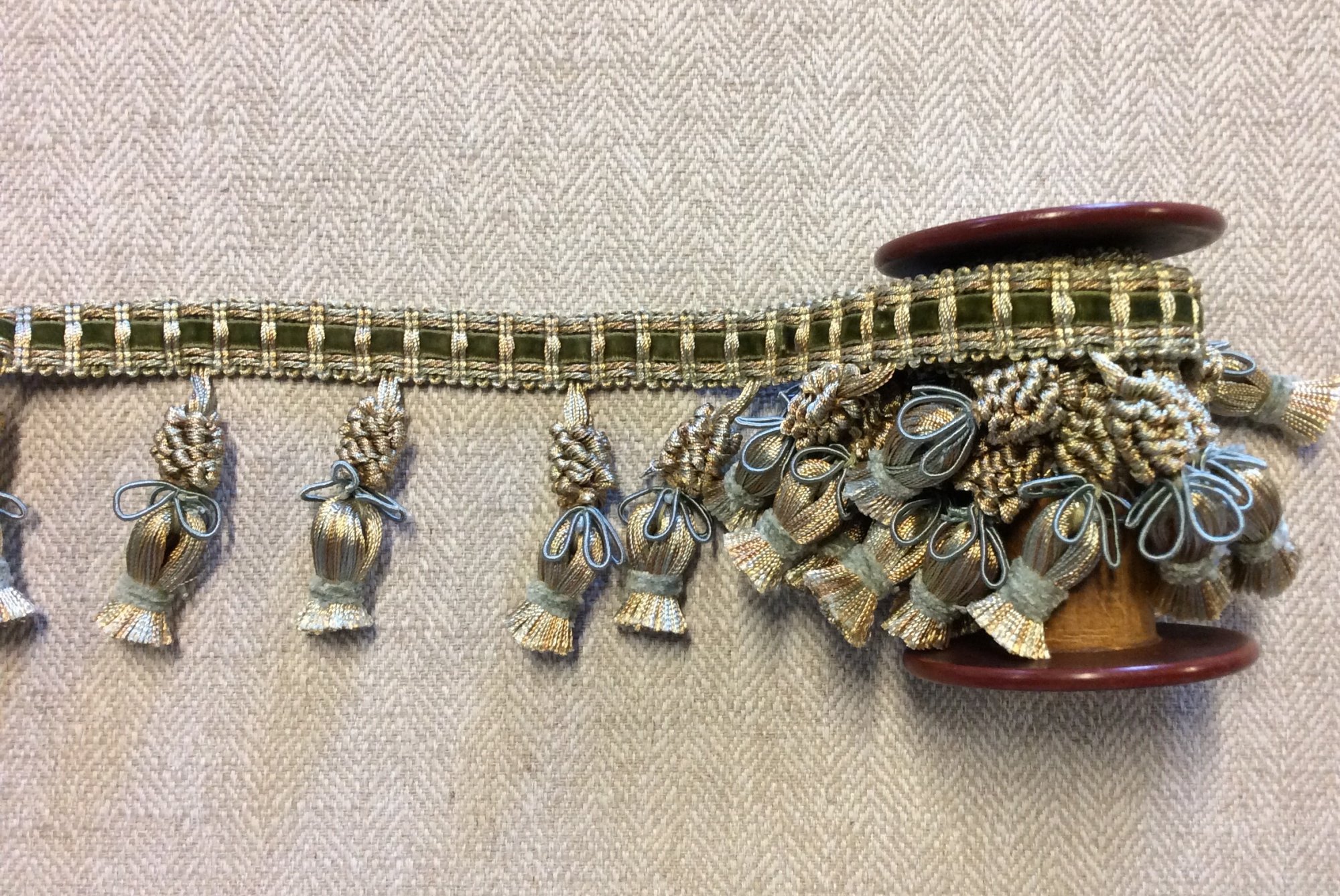 Sage Mint and Tan onion Tassel Trim with Velvet Accent on Tape Home Decor Trim Fringe YF656