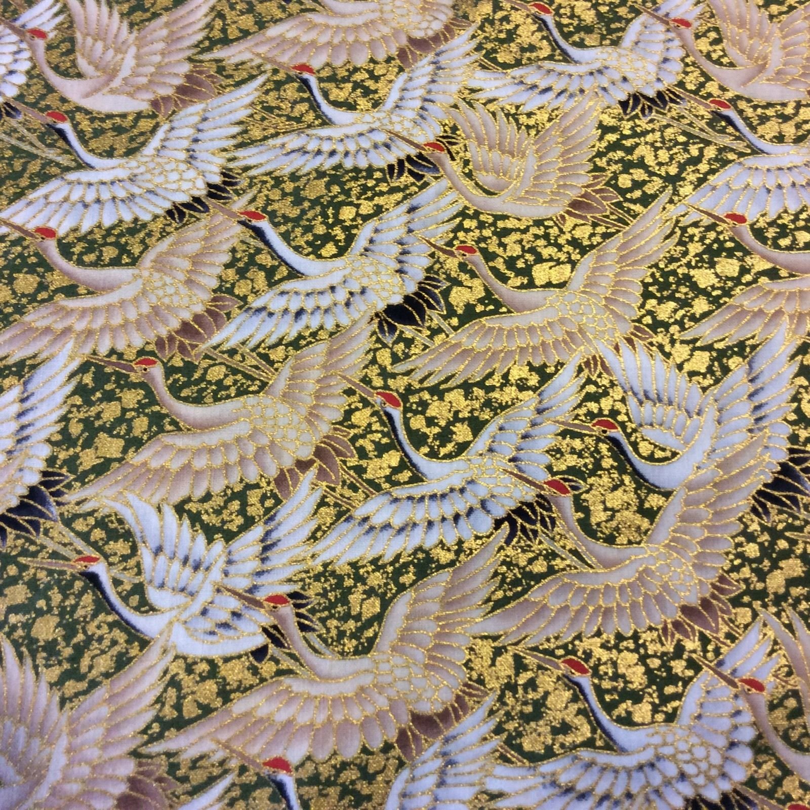 Crane Japan Bird Asia Gold Obi Metallic Kimono Yukata Cotton Quilt