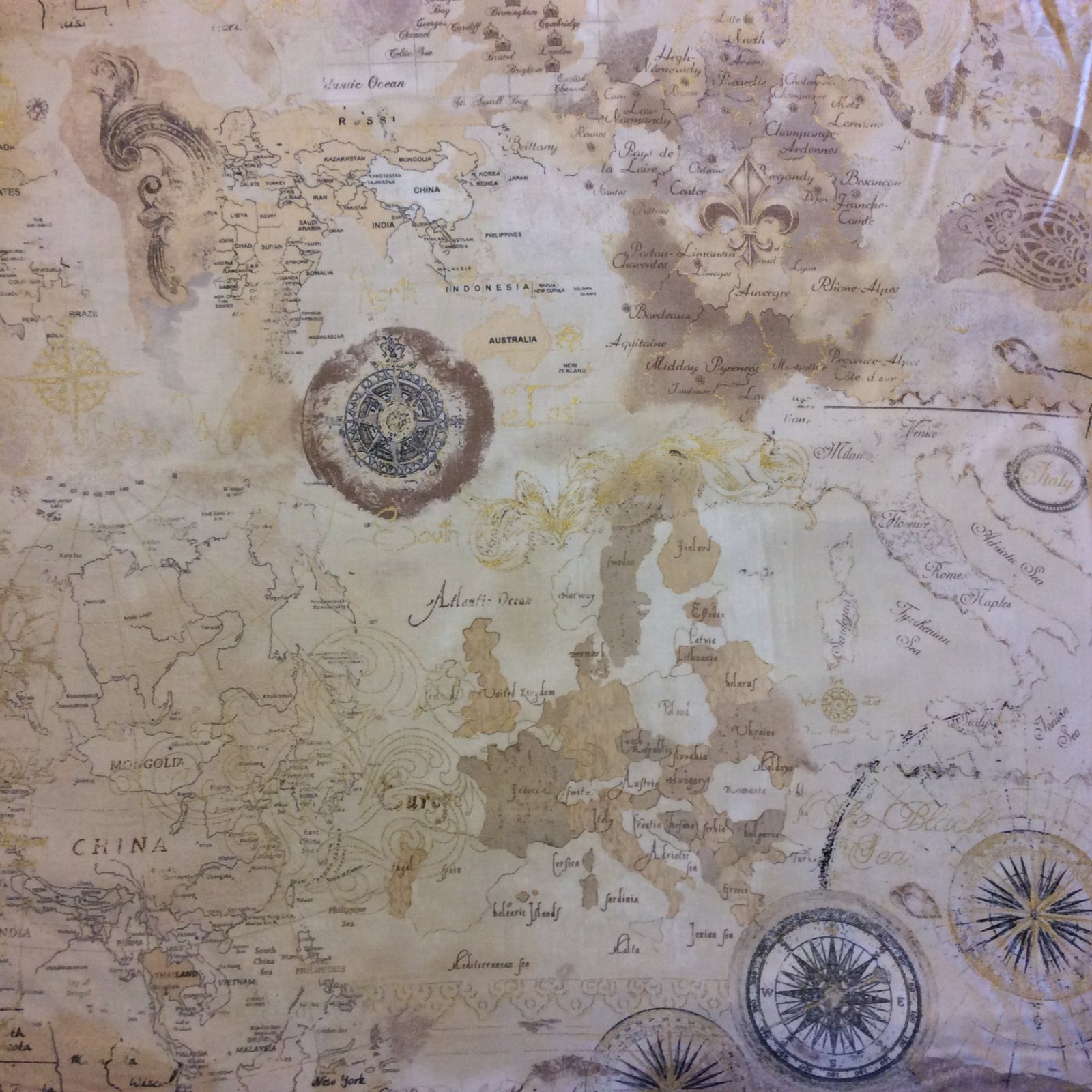 MD267 World Map Travel Asia Europe America Compass Script Quilting