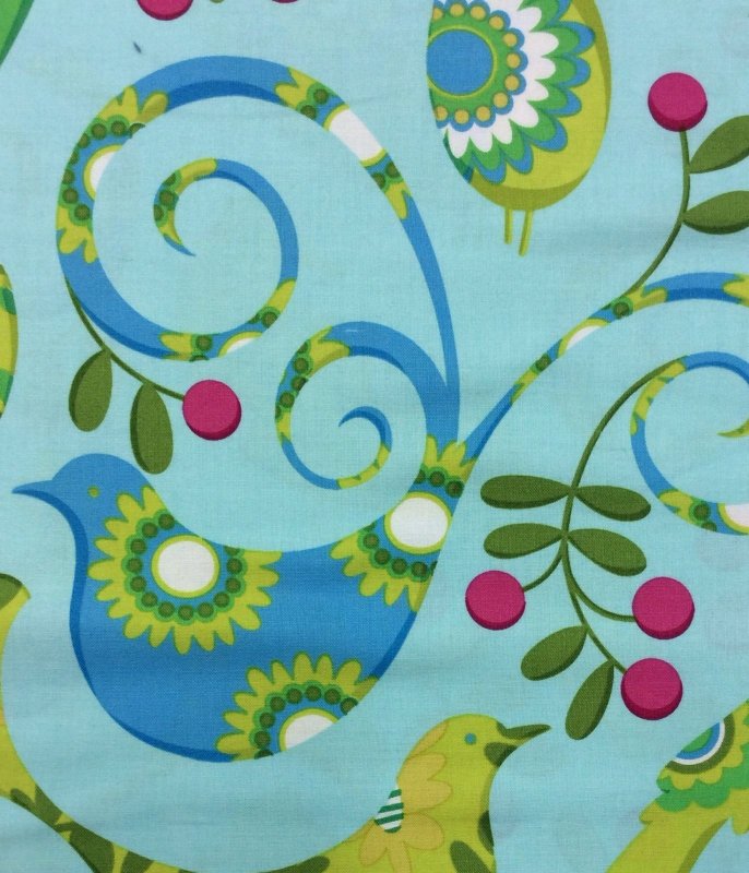 Floral Birds With Cherries On Blue Cotton Fabric Quilt Fabric MM27