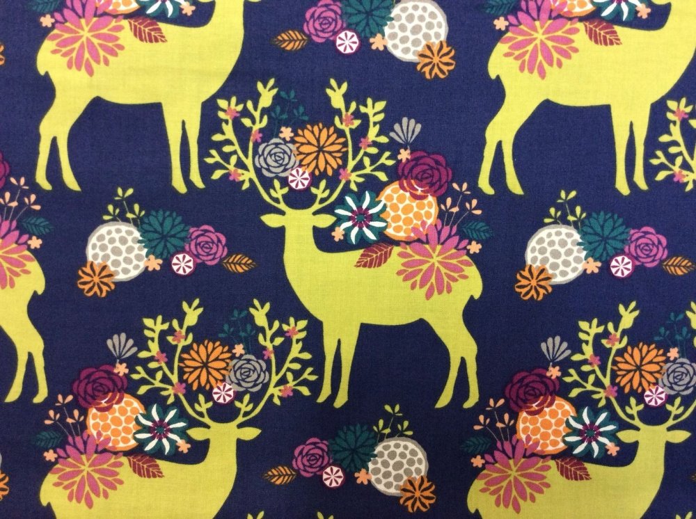 Floral Deer Colorful Antlers Wildlife Cotton Fabric Quilt Fabric MM33