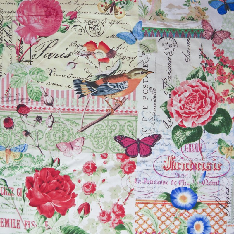 FAT QUARTER! RPFMM47 French Script Collage Birds Floral Menagerie