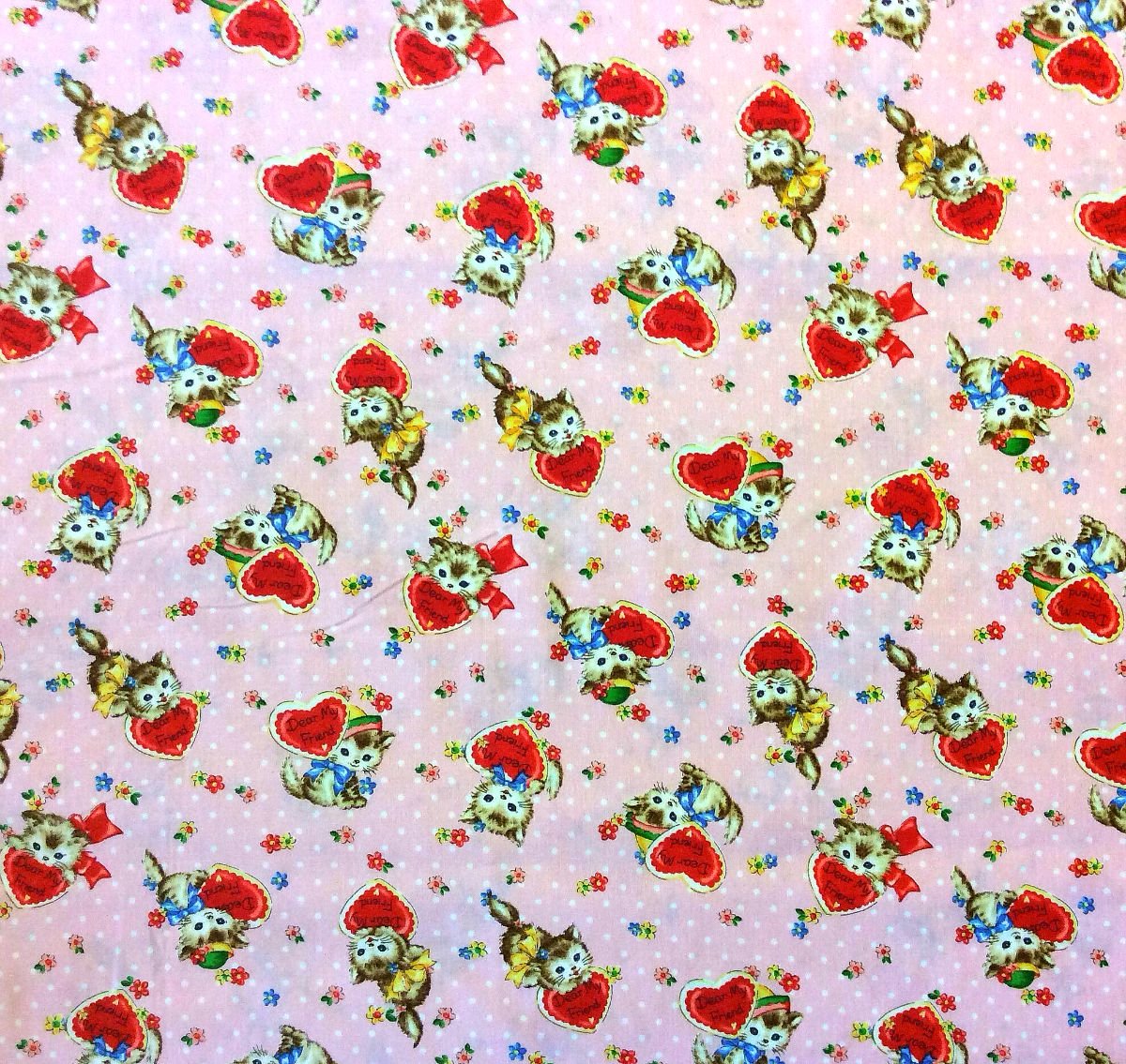 Cat Lover Cute Kitten Love Friendship Hearts Floral Quilting Cotton
