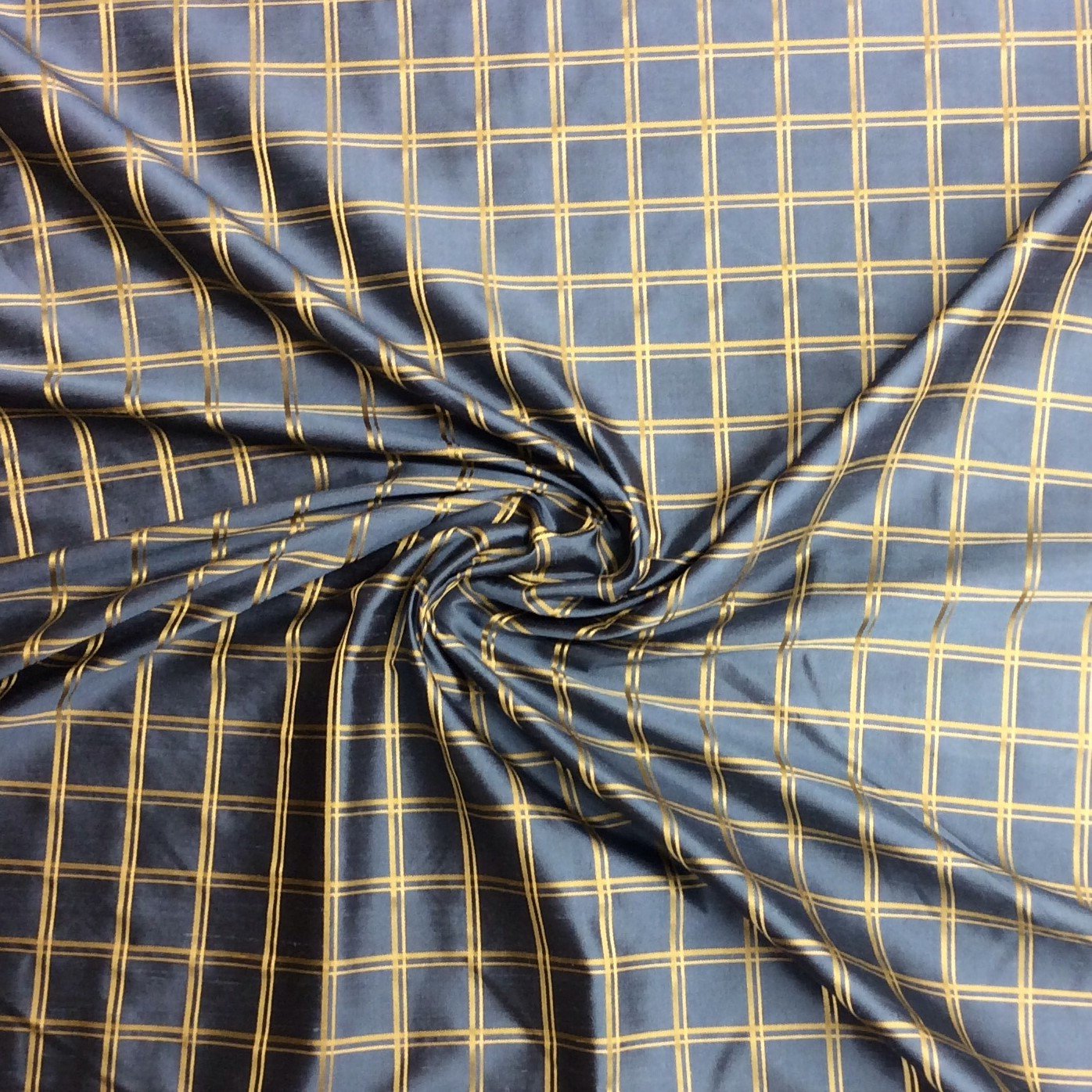 Pindler & Pindler Saumur Check Blue Silk Drapery Fabric PI08 Windowpane Plaid Gold