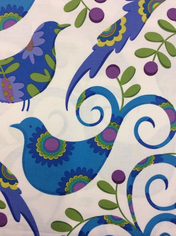Floral Birds With Purple Cherries On White Cotton Fabric Quilt Fabric